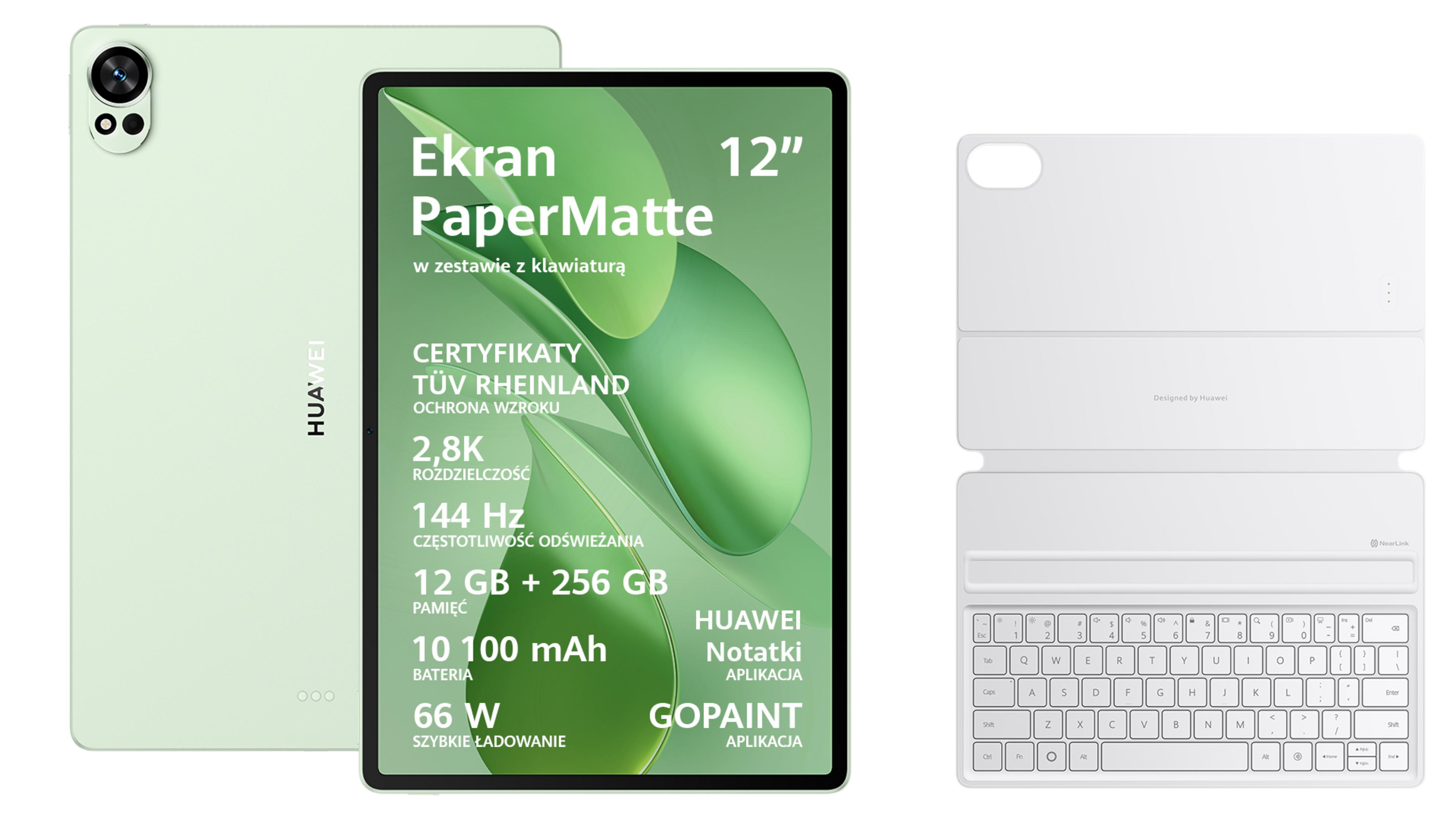 Un tablet Huawei verde chiaro con cover tastiera bianca. Specifiche sullo schermo.