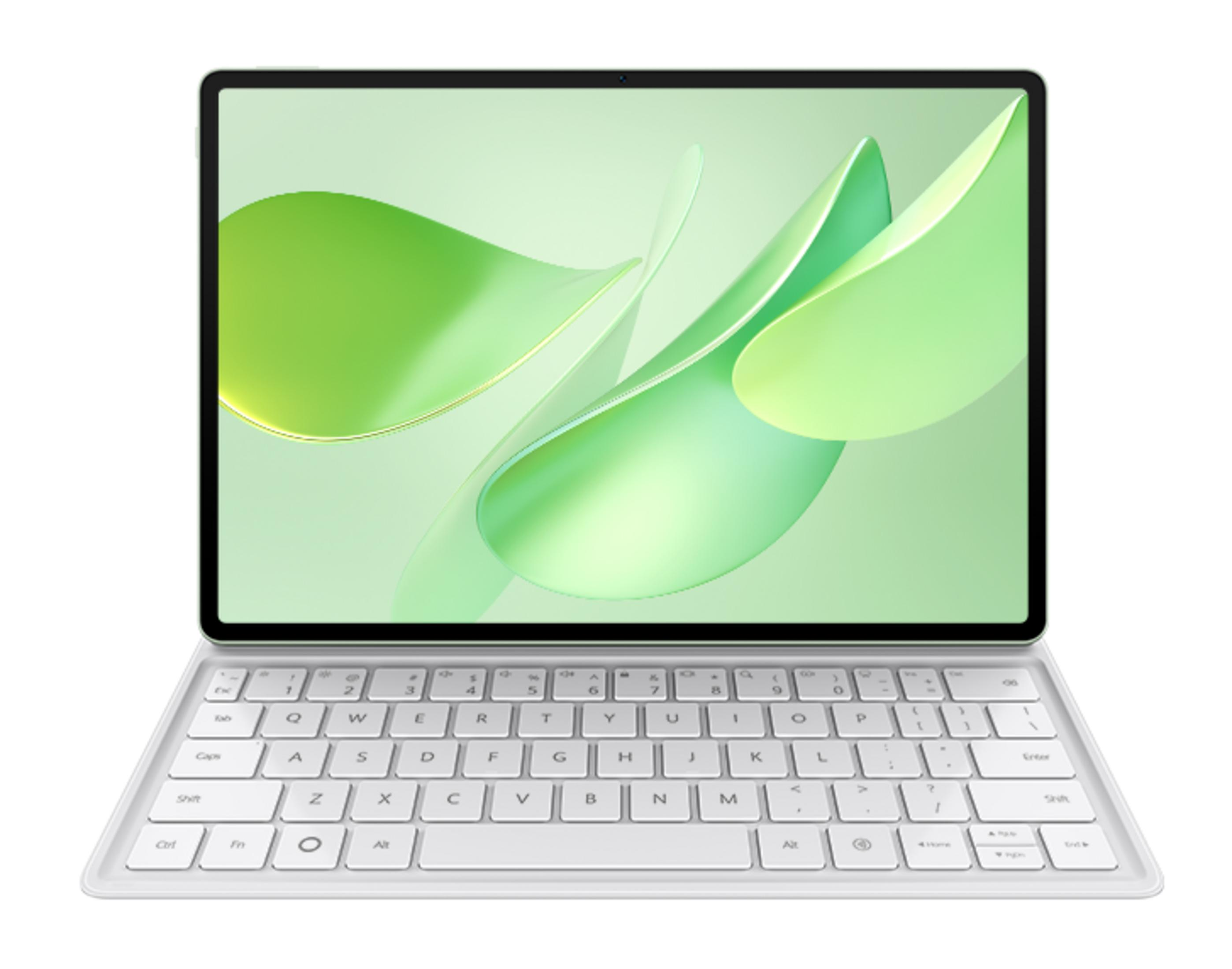Un tablet bianco con tastiera in orizzontale, su sfondo bianco.