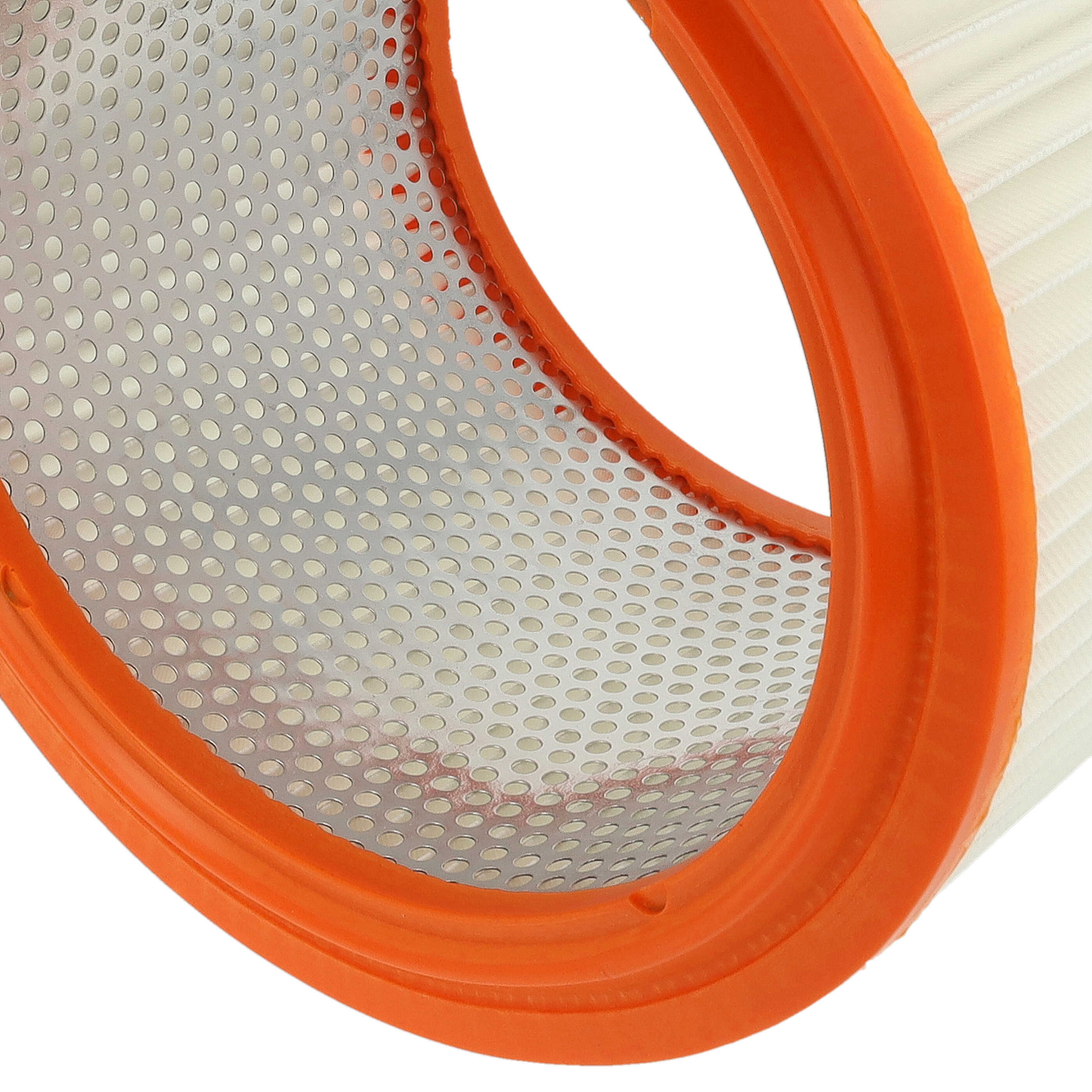 Orange Dichtung, perforiertes Metall und weißes Filtermedium eines Luftfilters.