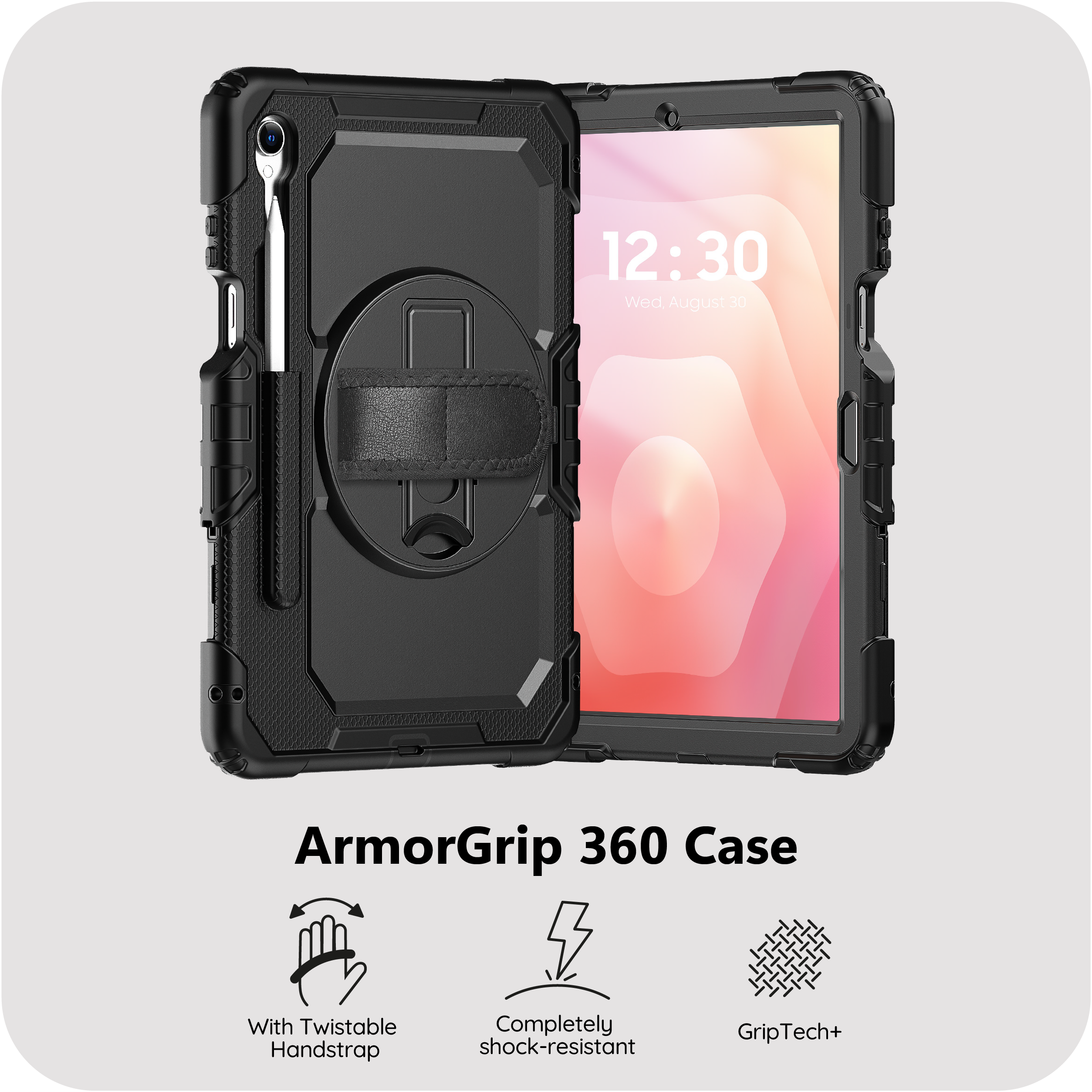 Schwarze Tablet-Hülle mit Tragegriff und Kameraschutz. Zeigt Uhrzeit 12:30.