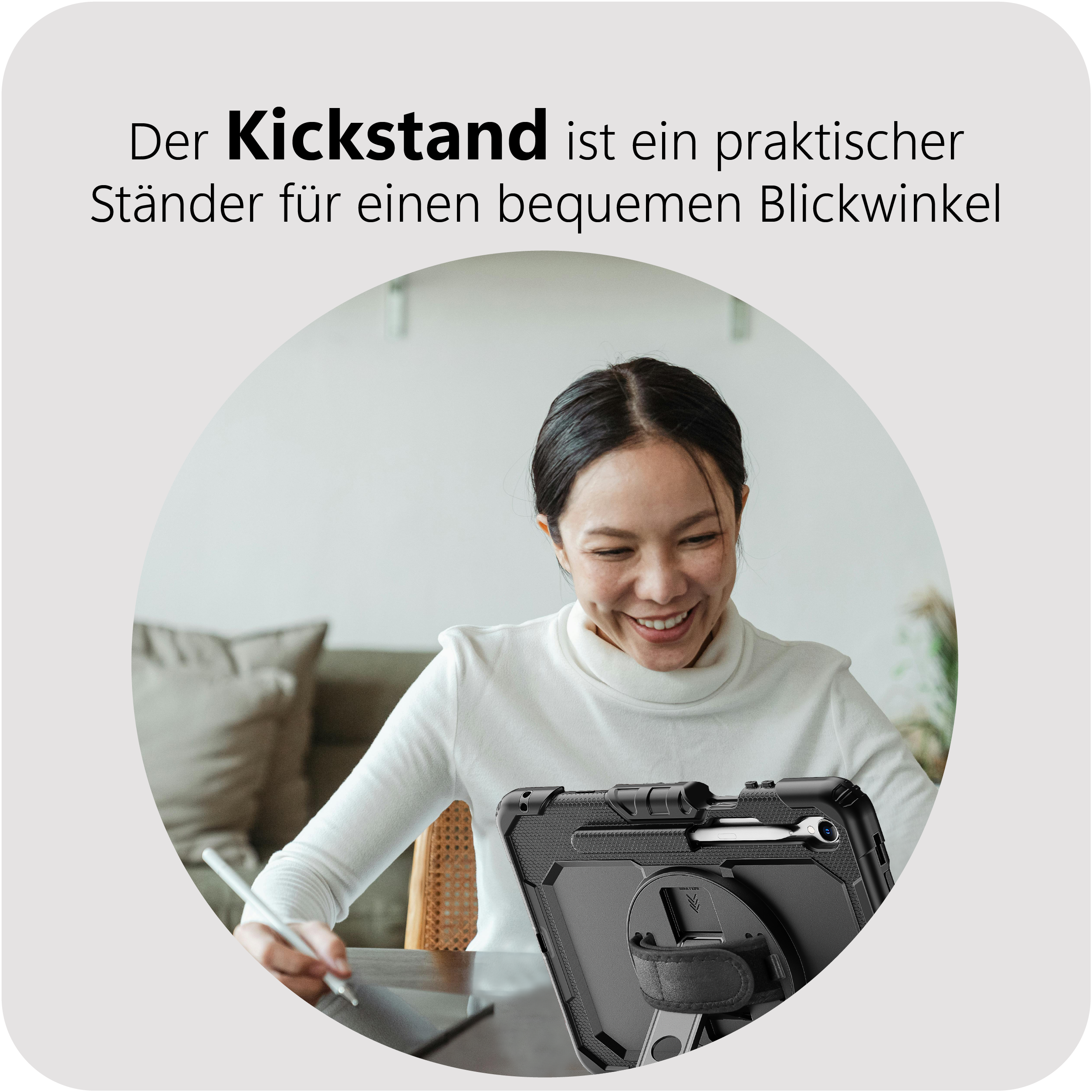 Eine Frau mit einem Tablet, das auf einem Ständer steht.