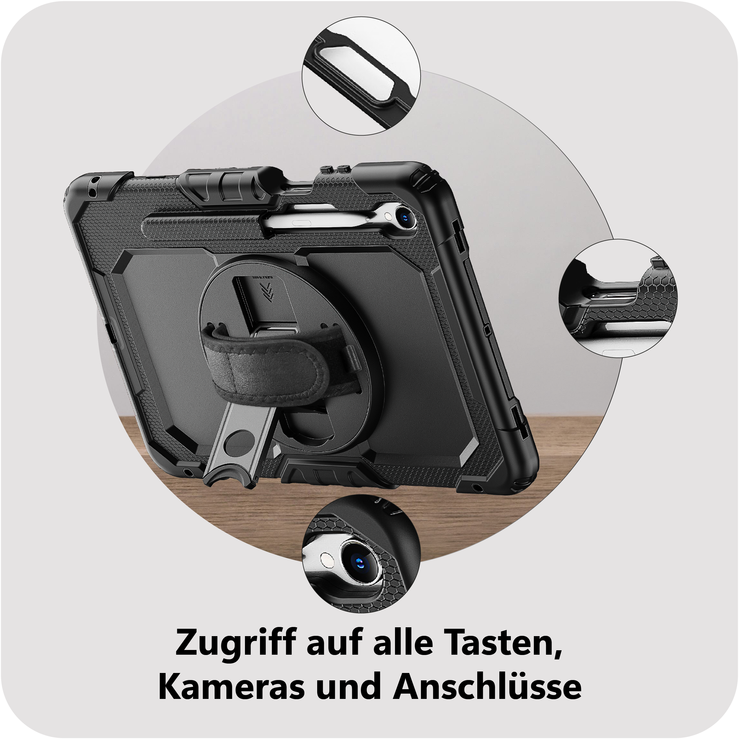 Schwarze Tablet-Hülle mit Stifthalter und Ständer.