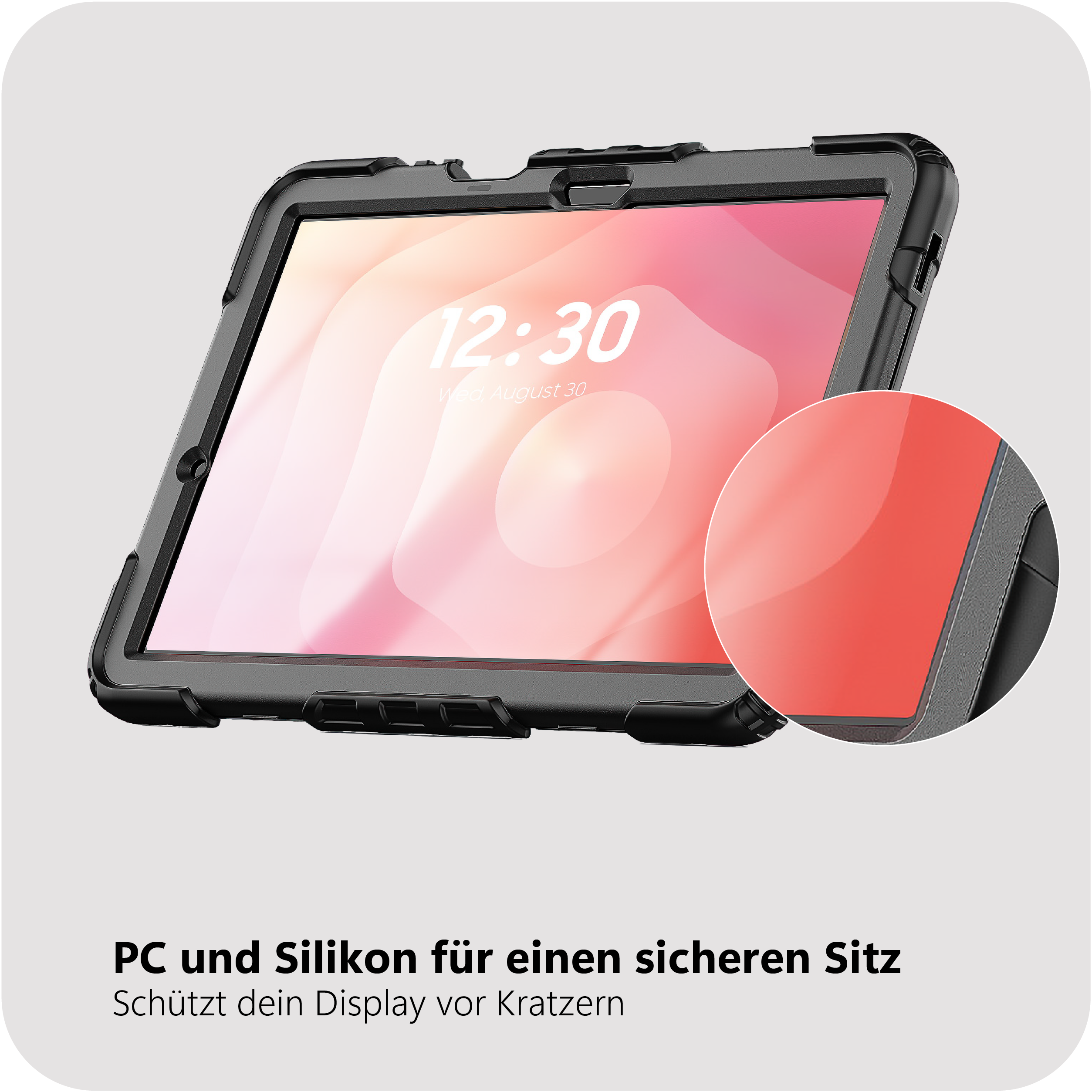 Schwarzes Tablet-Case mit rotem Ausschnitt. Zeit 12:30.