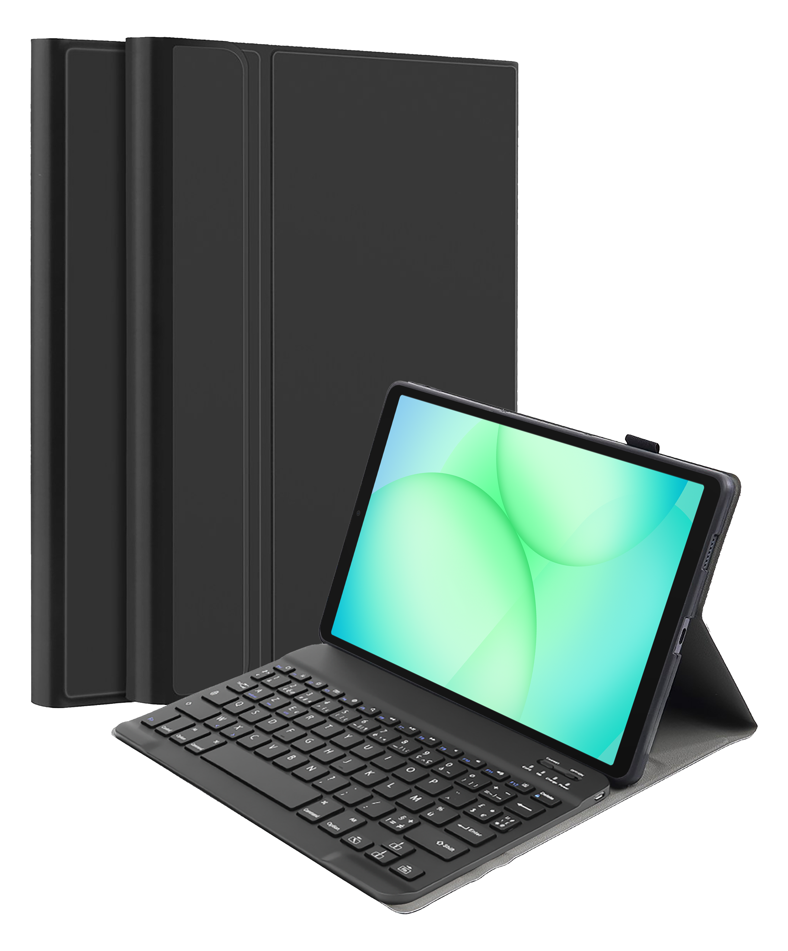 Ein schwarzes Tablet mit Tastatur, aufgestellt auf einem Ständer.