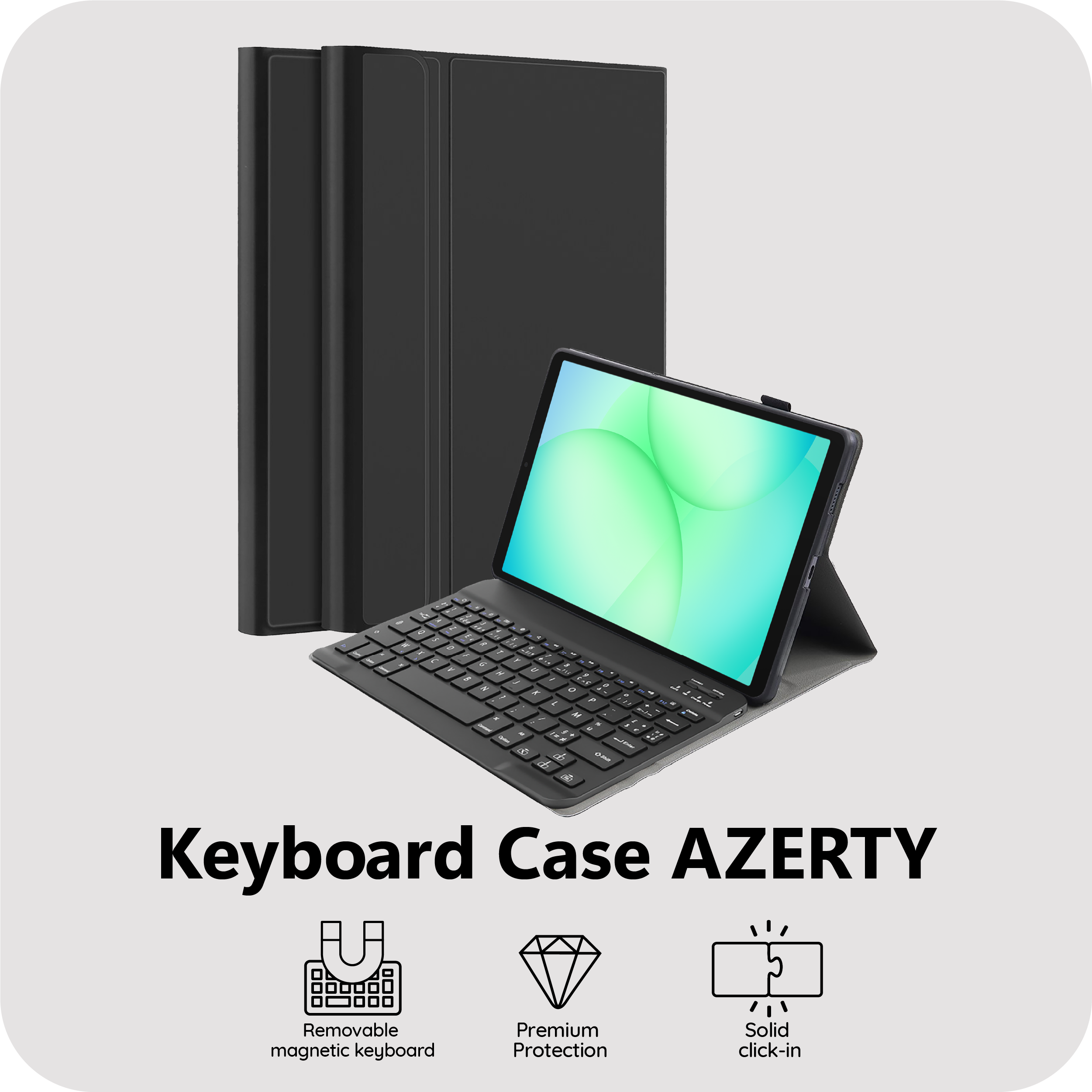 Schwarzes Tablet mit Tastaturhülle im Querformat, mit drei Symbolen darunter.