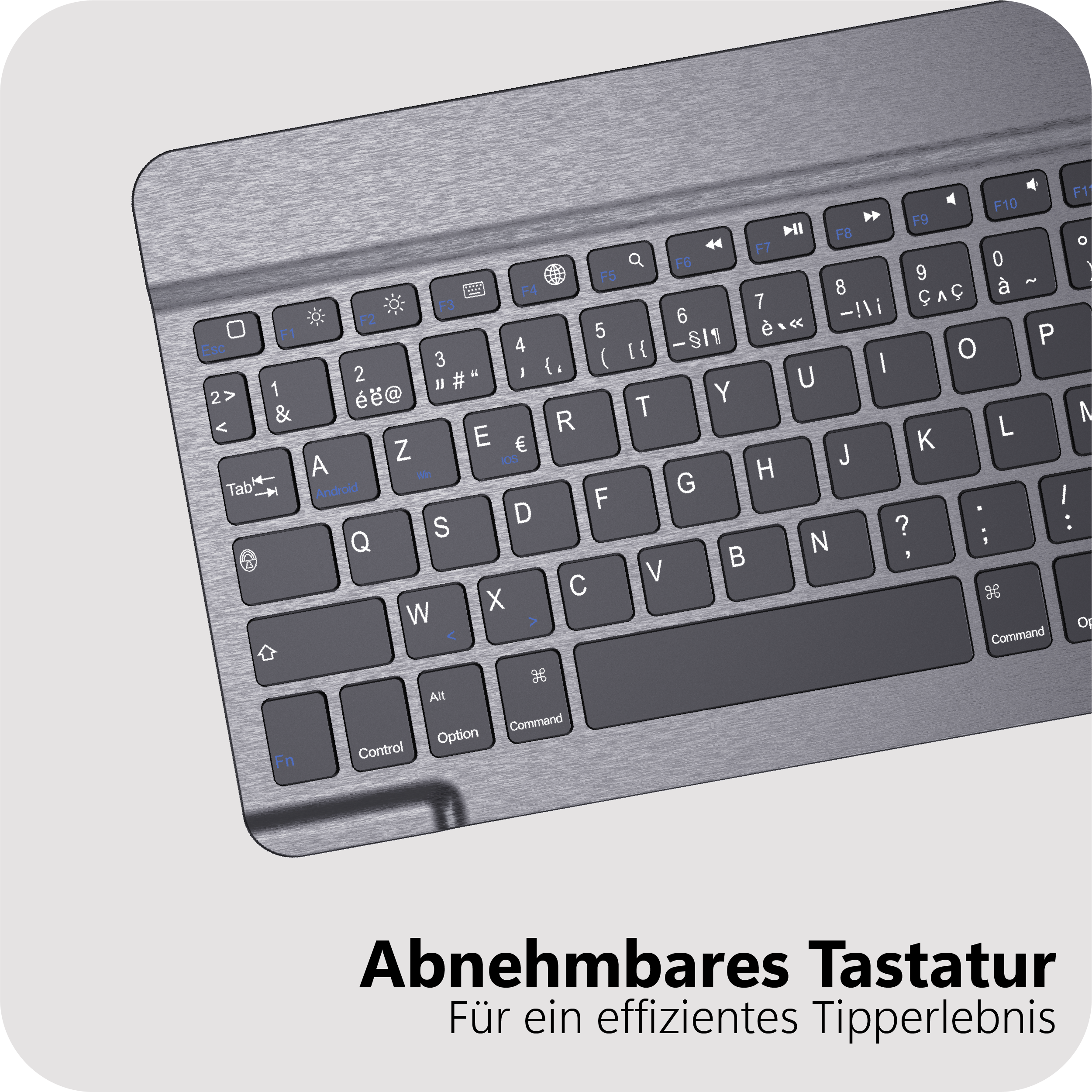Nahaufnahme einer grauen, gebürsteten Metalltastatur mit dunklen Tasten.
