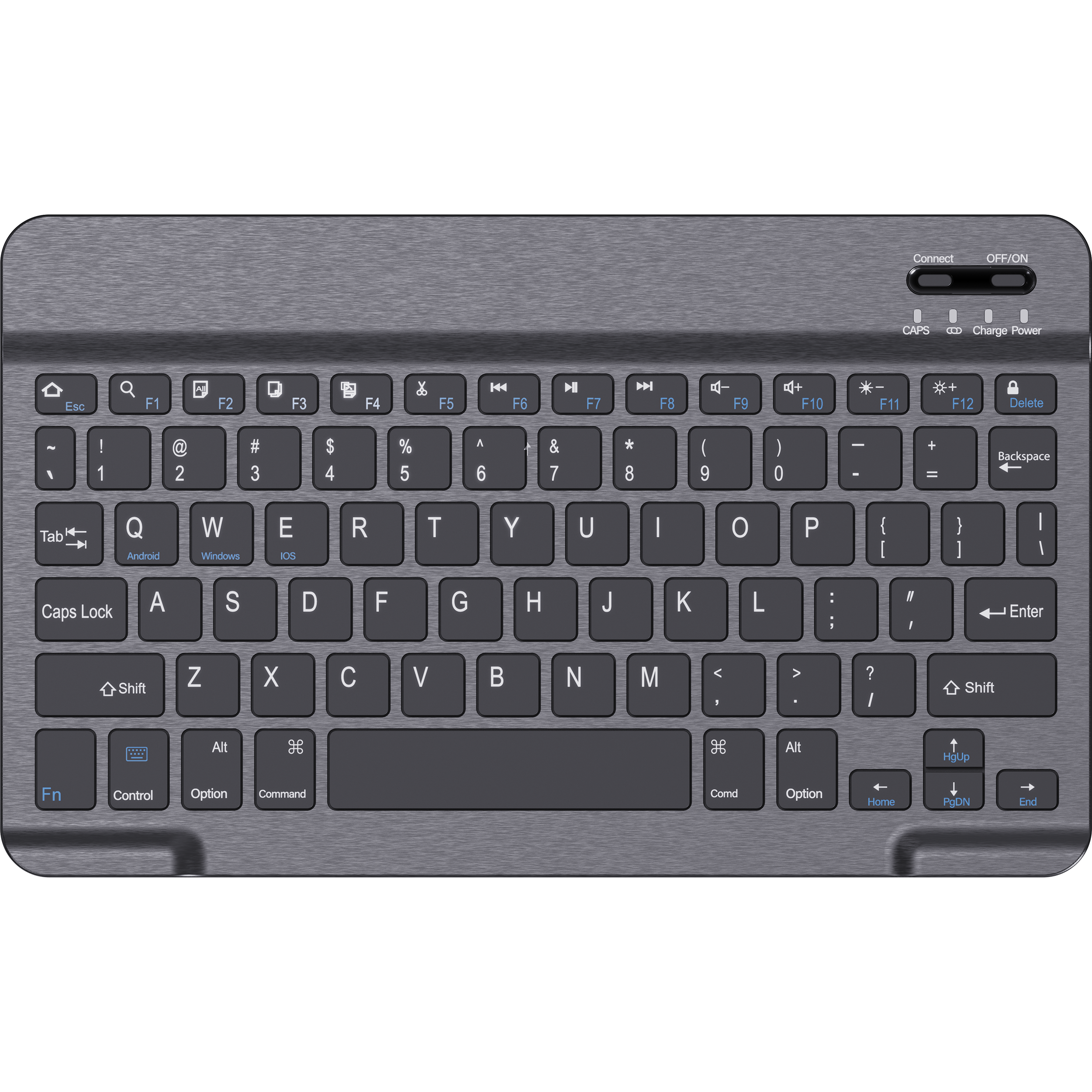 Eine graue, gebürstete Tastatur mit vollständiger QWERTZ-Anordnung und Funktionstasten.