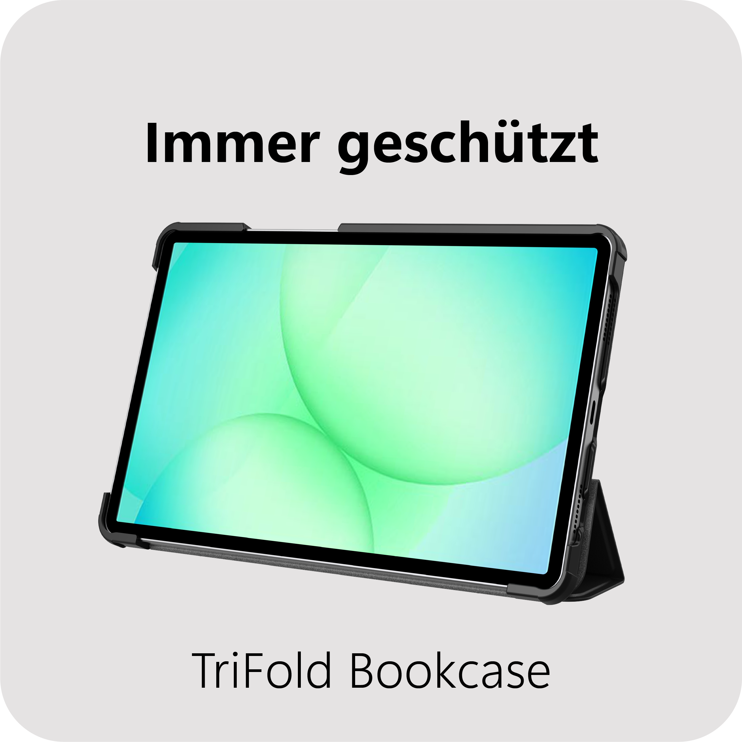 Ein schwarzes Tablet im TriFold Bookcase mit grünem Hintergrund.