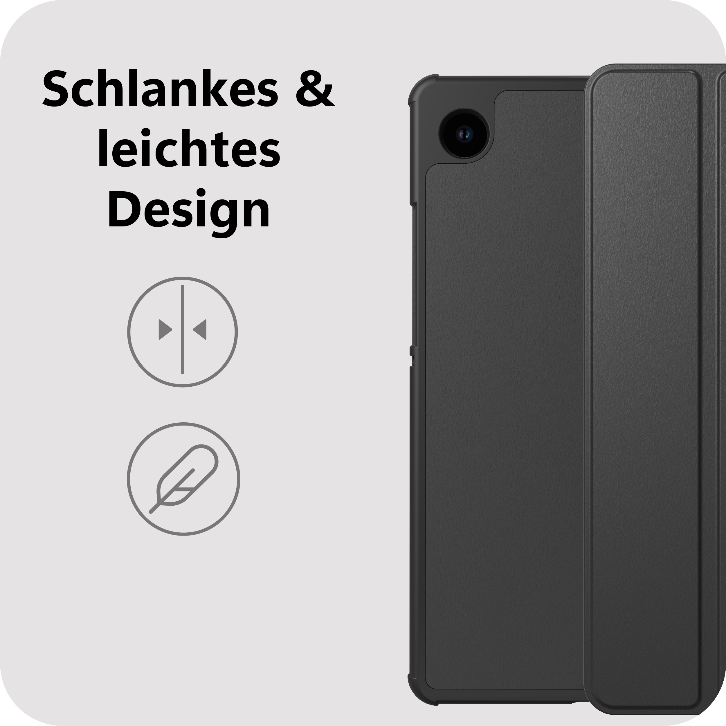 Schwarze Tablet-Hülle mit "Schlankes & leichtes Design"-Text und Icons.