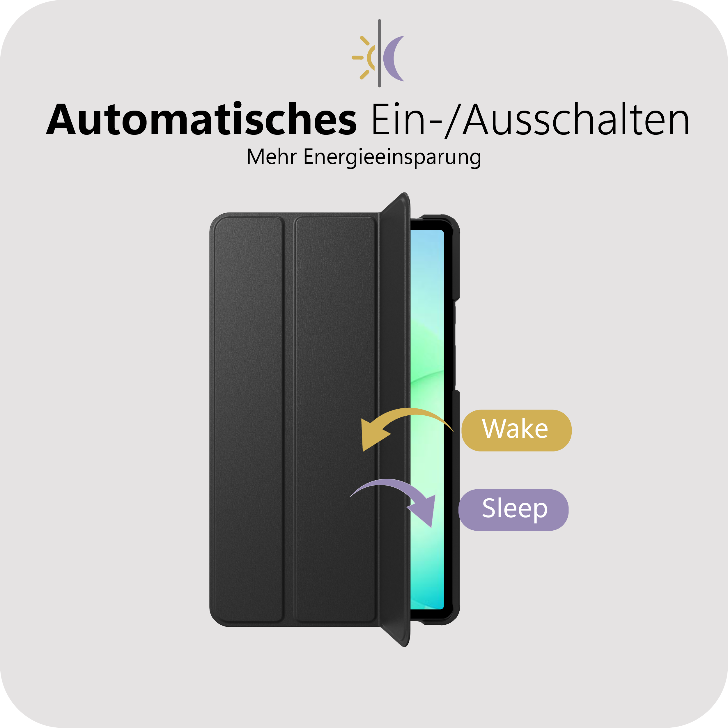 Schwarze Hülle, die ein Tablet mit blauem Bildschirm bedeckt. Wake/Sleep.