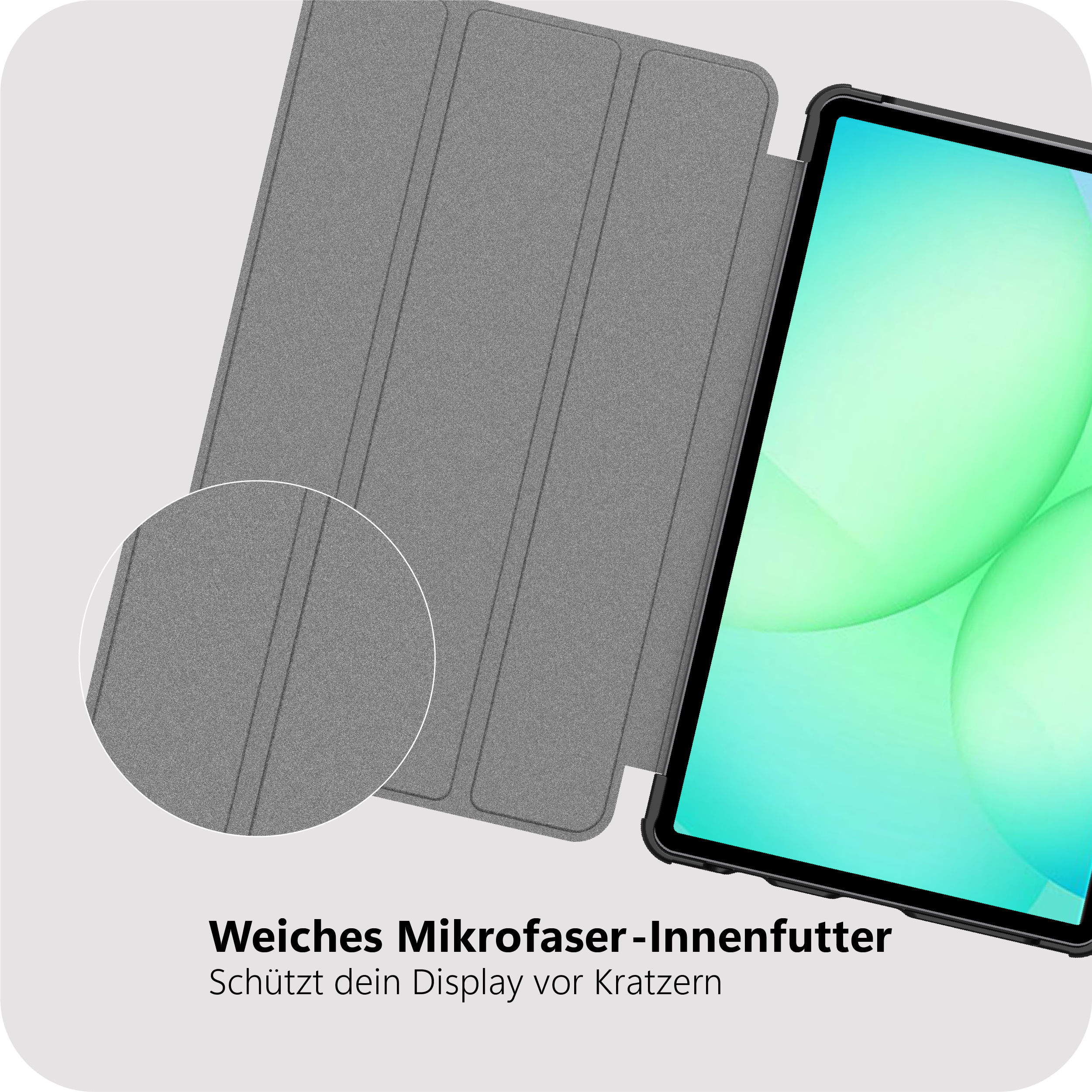Graues Tablet Case mit Mikrofaser-Innenfutter auf einem Tablet.