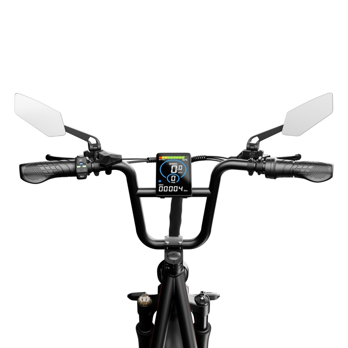 Kierownica roweru elektrycznego z wyświetlaczem, lusterkami i uchwytami.