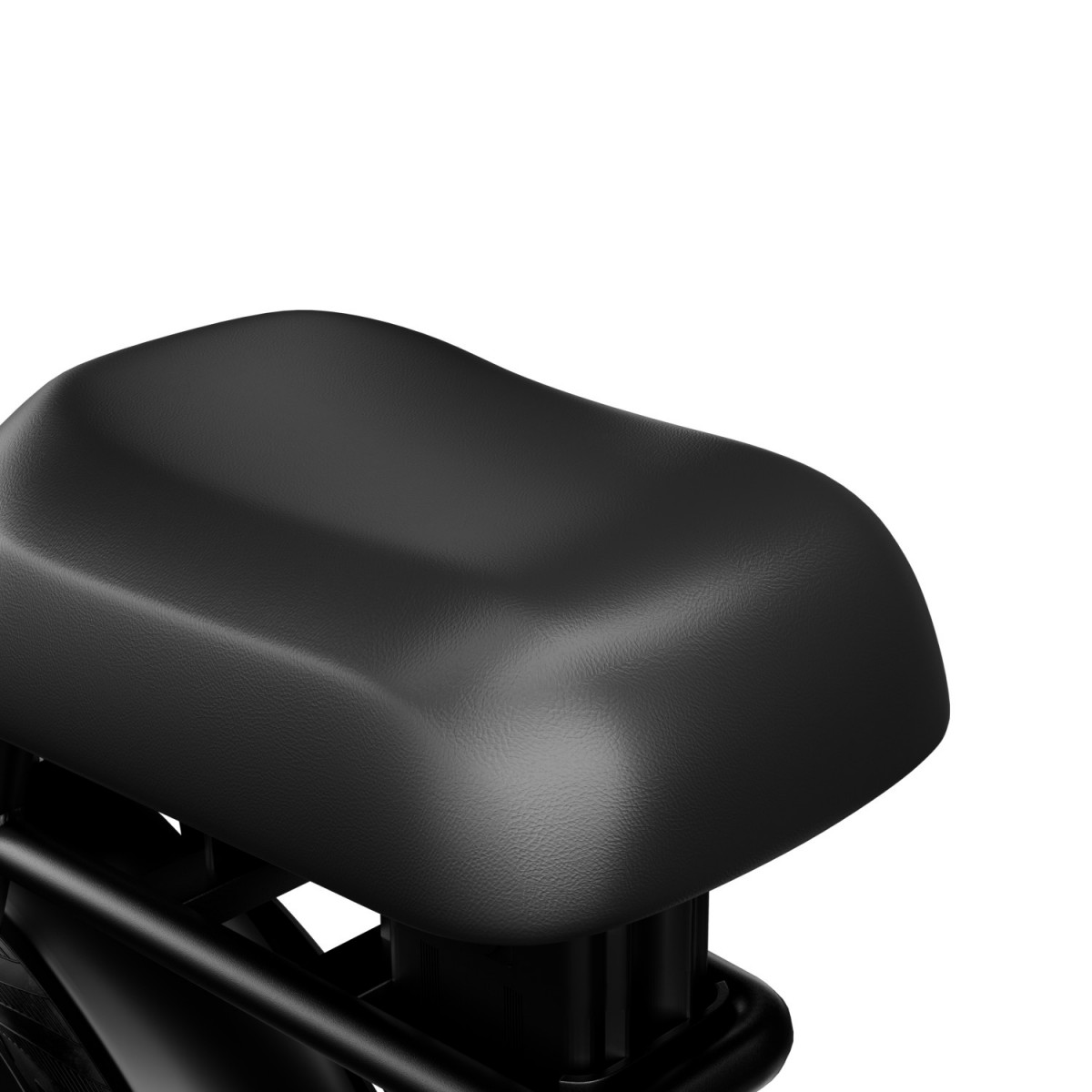 Czarno-teksturowane siodełko rowerowe na czarnej metalowej ramie, zbliżenie.