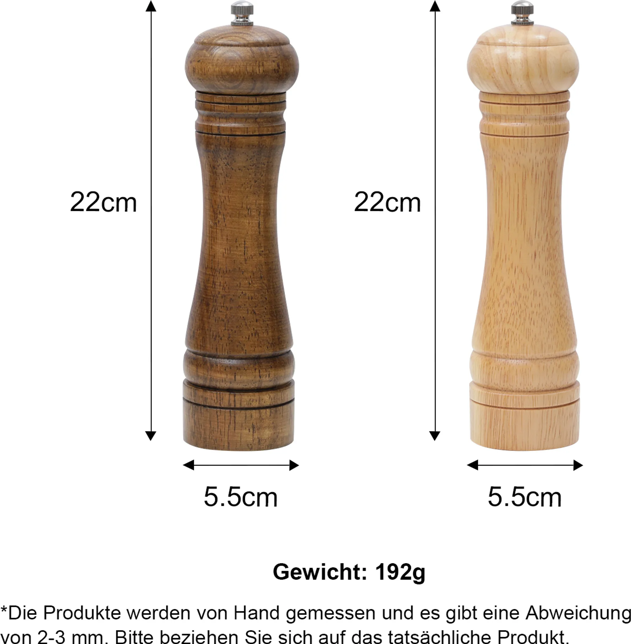 Zwei Holz-Pfeffermühlen, 22cm hoch, 5.5cm breit. Gewicht 192g.