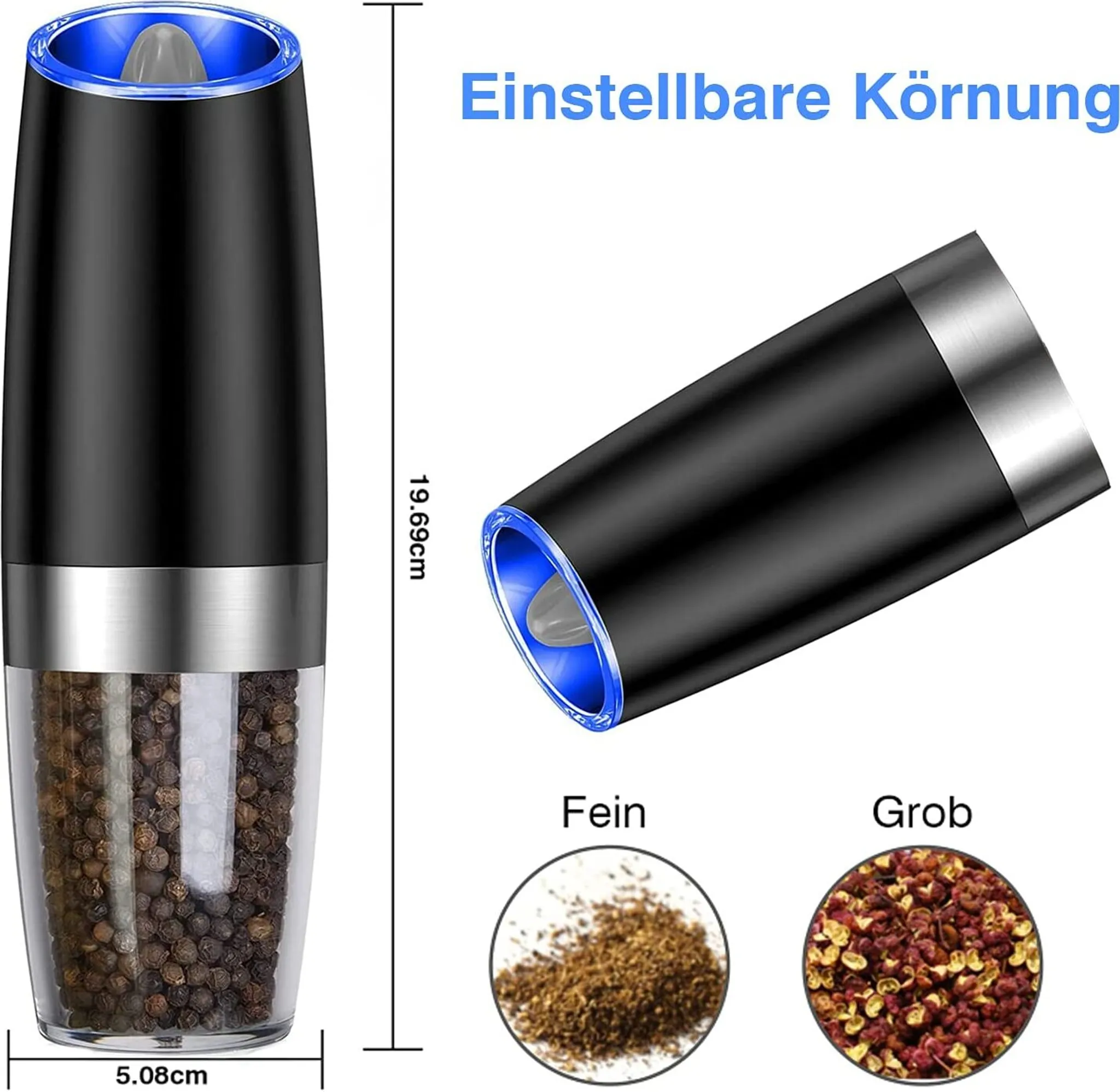 Elektrische Mühle mit blauem Licht, gefüllt mit Pfeffer. Zeigt feine und grobe Körnung.