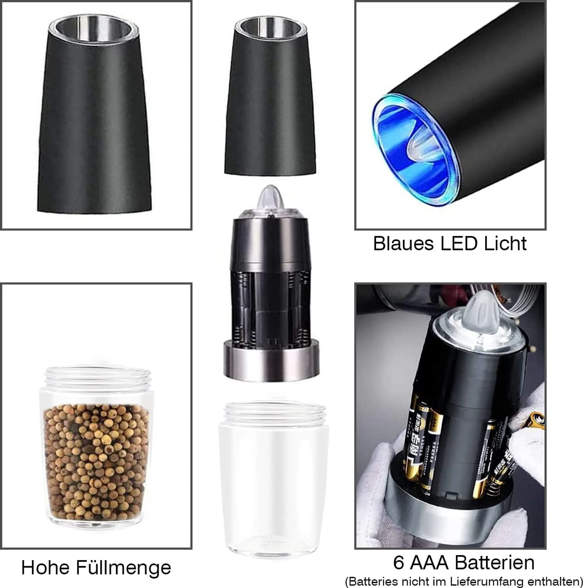 Ein Gewürzstreuer mit blauem LED-Licht, großem Behälter und AAA-Batterien.
