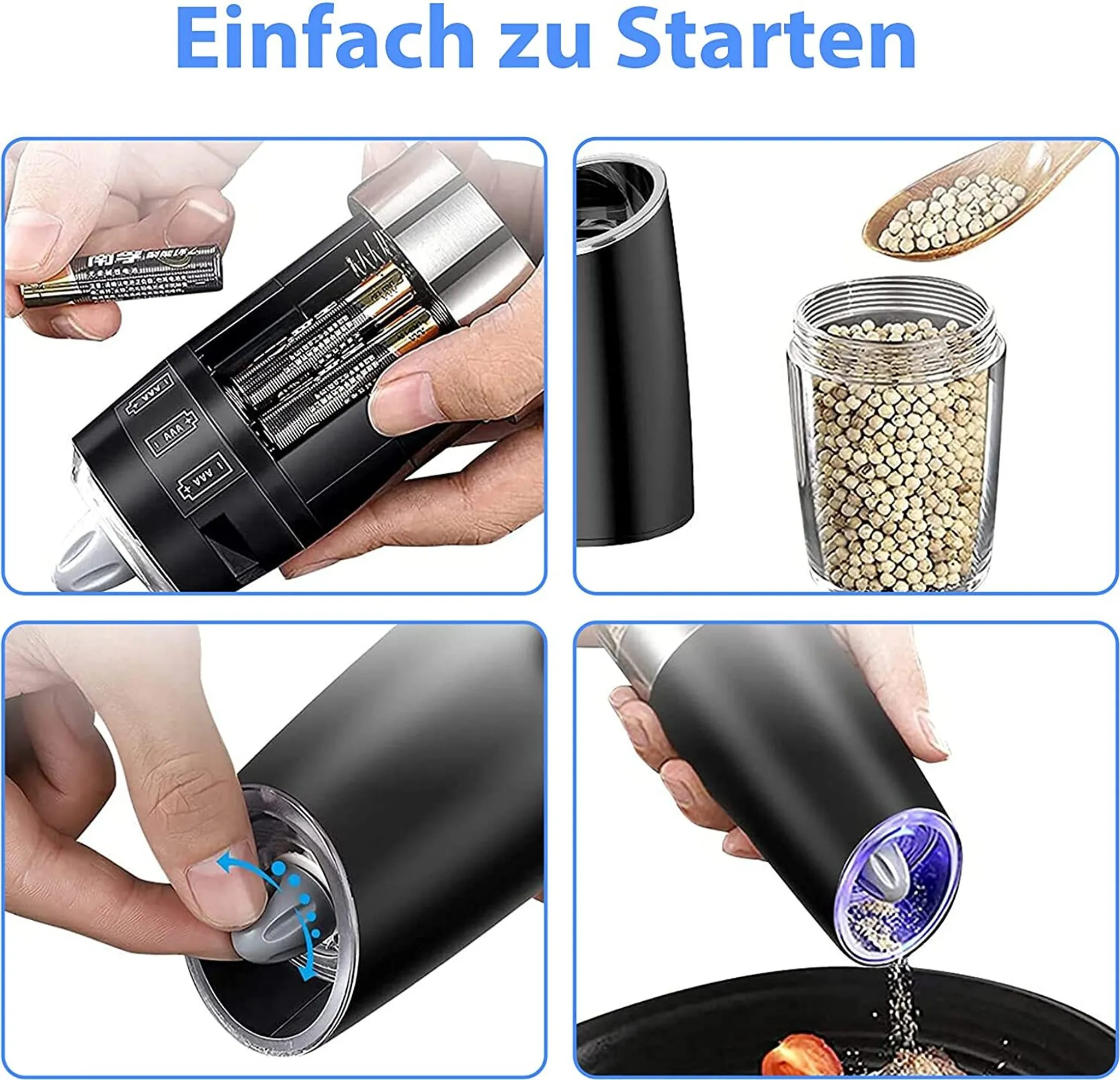 Ein elektrischer Pfefferstreuer mit Batteriefach, Behälter und Mahlfunktion.