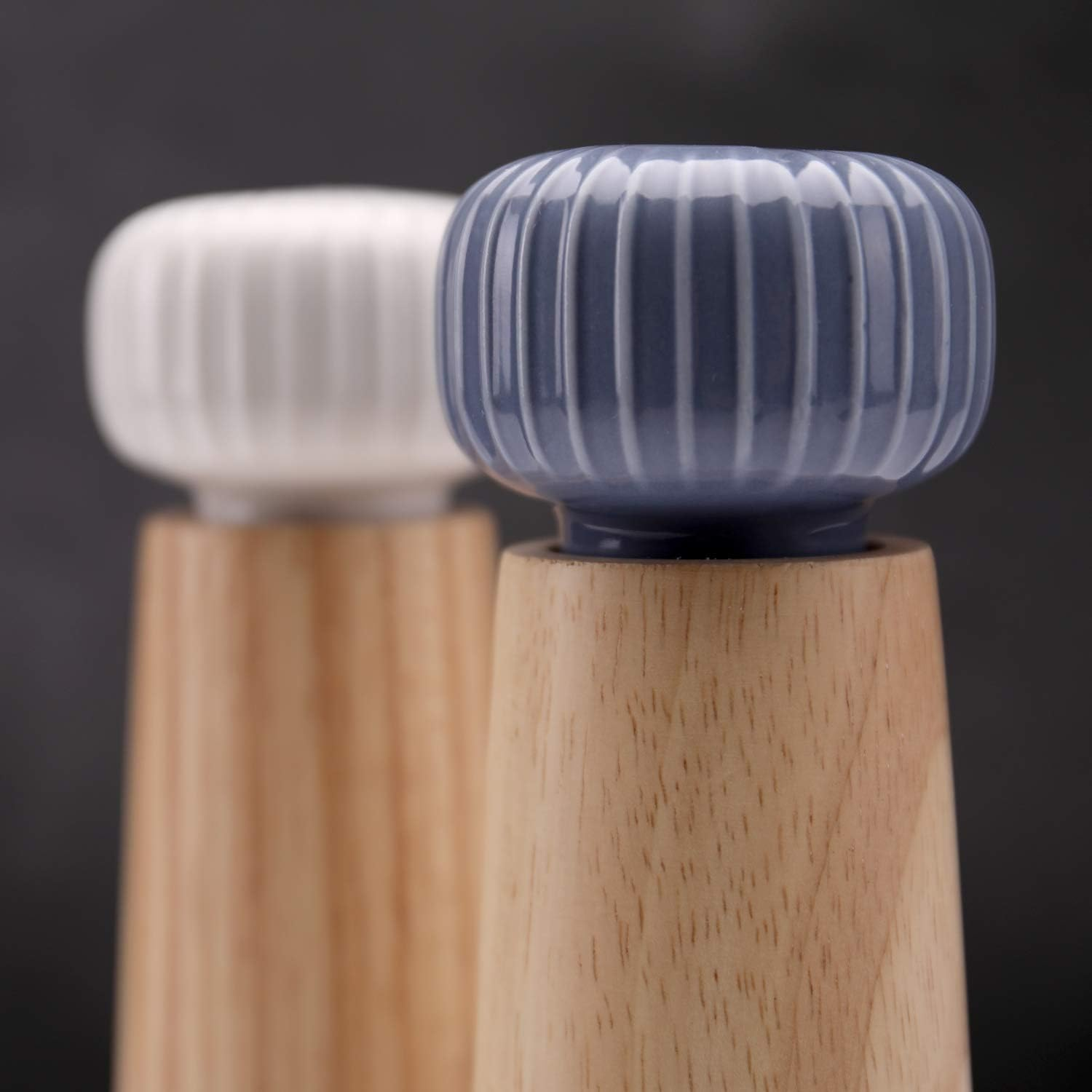Zwei Gewürzstreuer aus Holz mit geriffelten blauen und weißen Keramikkappen.