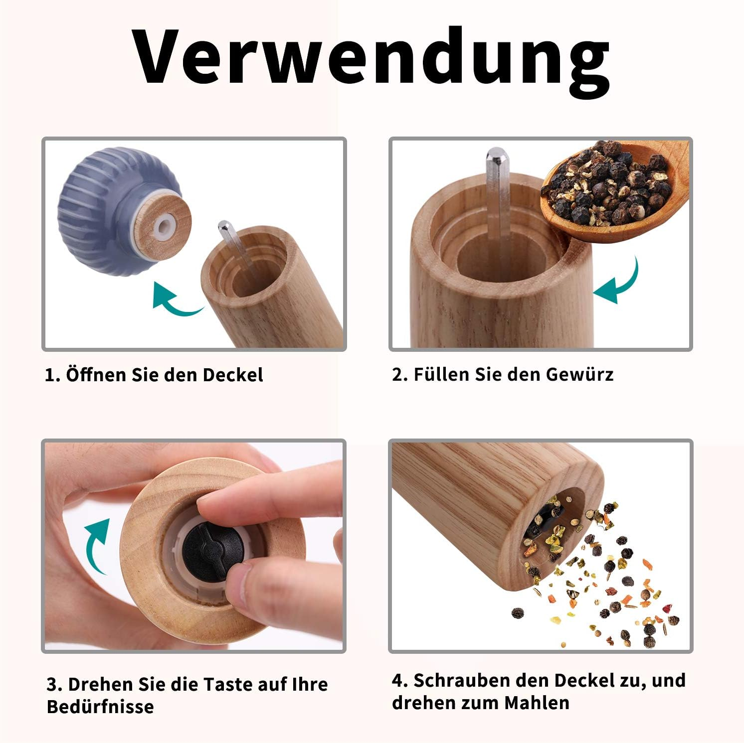 Anleitung zum Öffnen, Füllen, Einstellen und Mahlen eines Gewürzstreuers.