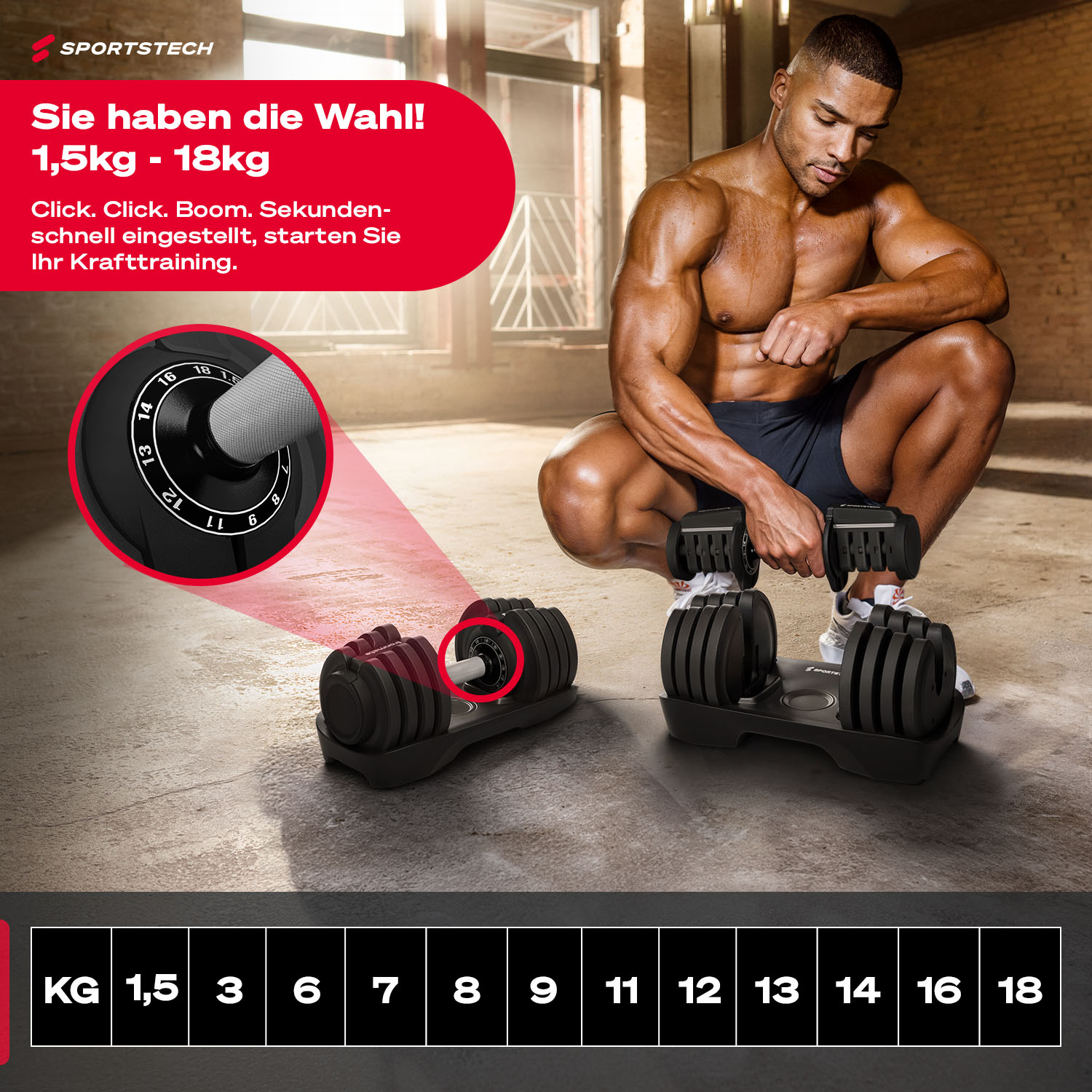 Ein Mann mit Hanteln im Fitnessstudio. Verstellbare Hanteln und Gewichte sind zu sehen.