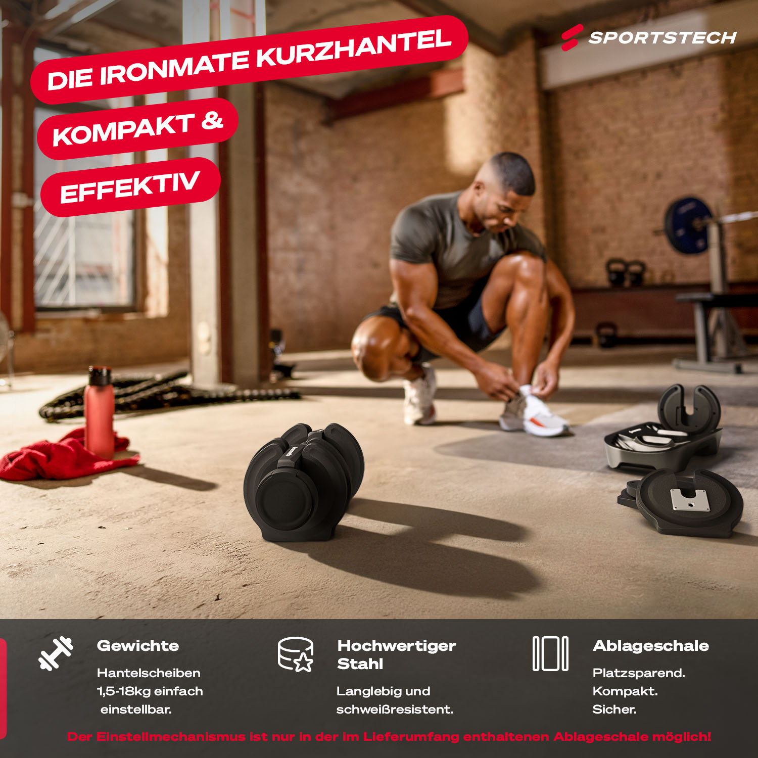 Mann knotet Schuhe, daneben Kurzhantel und Ablage.