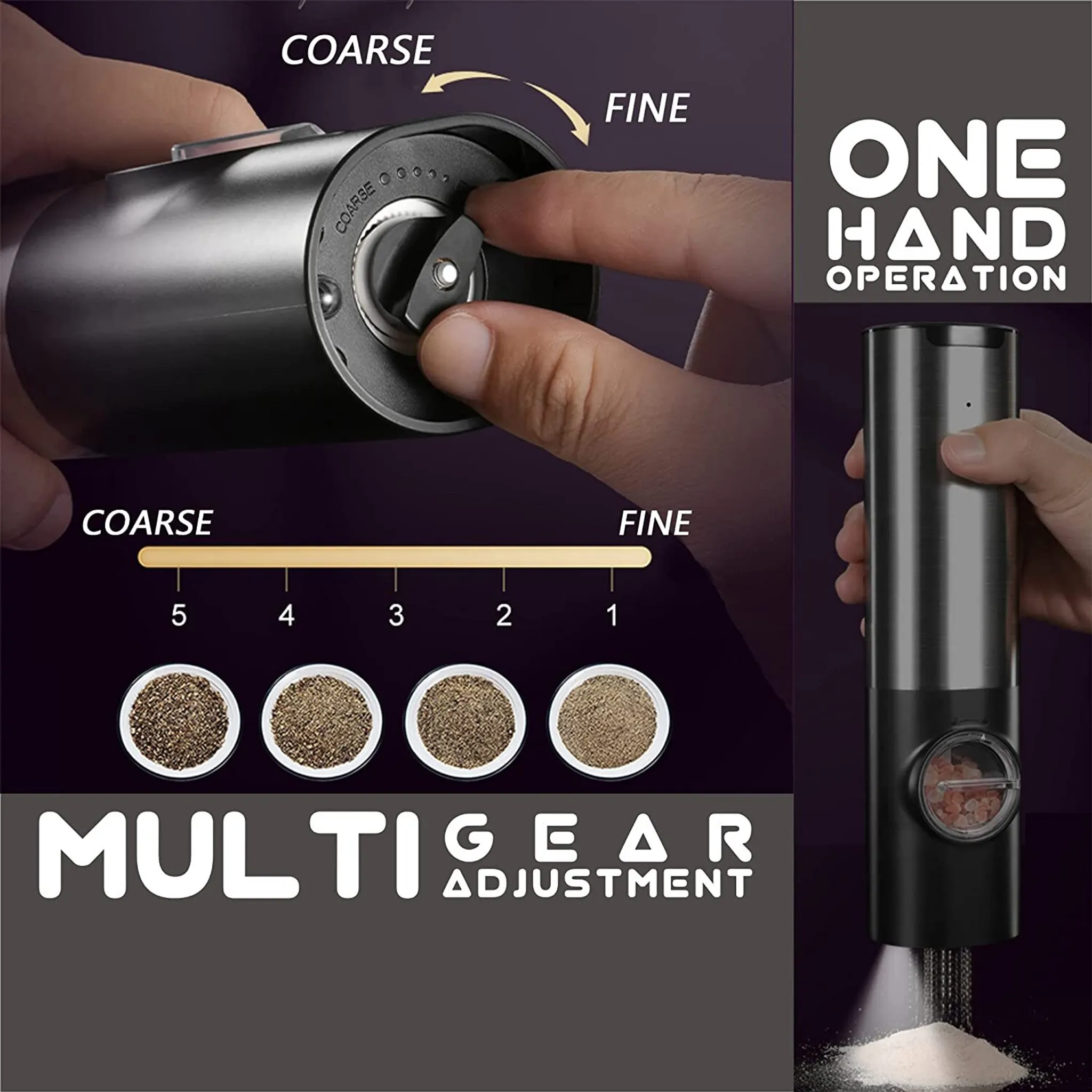 Elektrische Mühle mit einstellbarer Grobkörnigkeit und "One Hand Operation".
