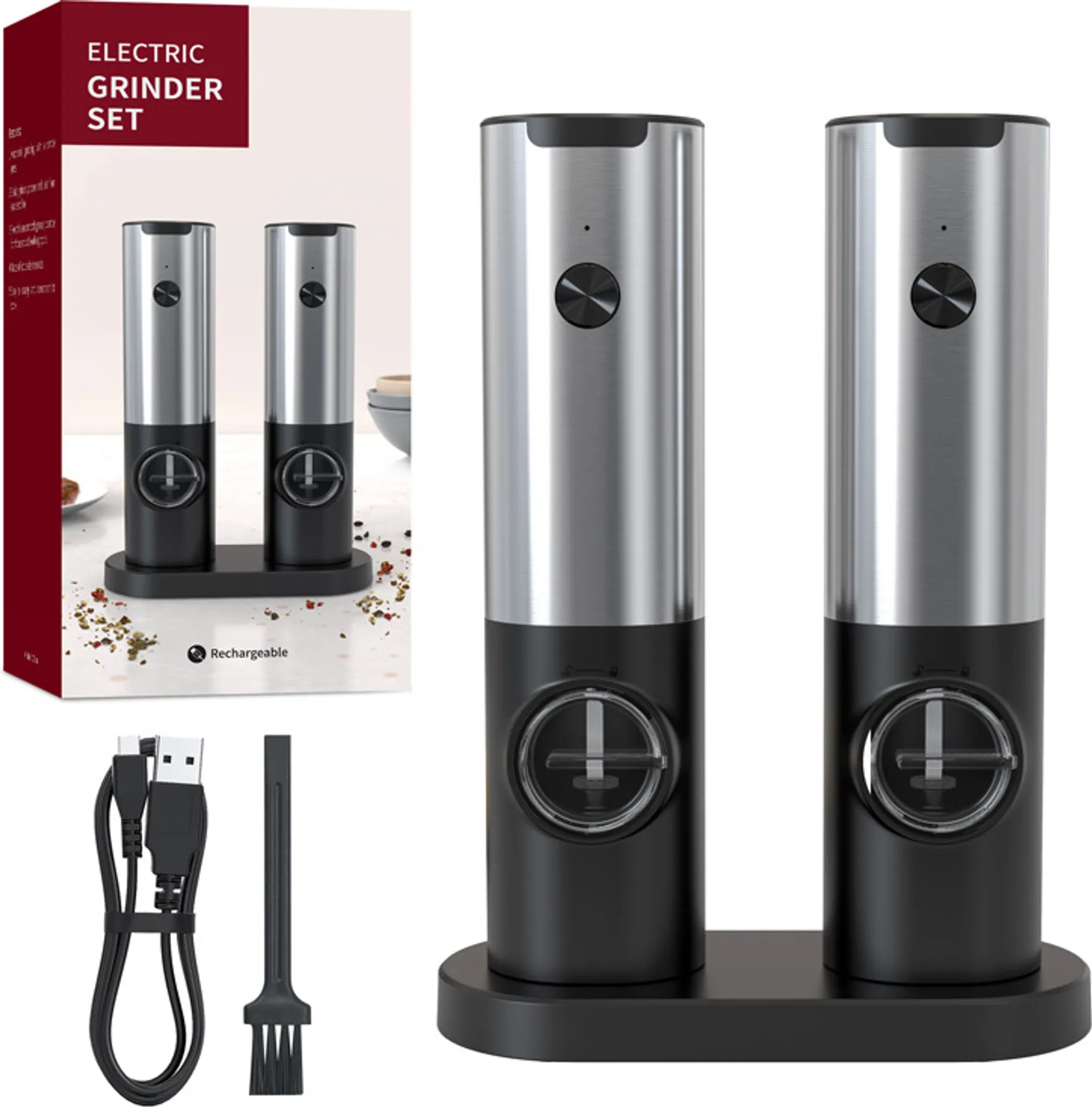 Zwei elektrische Mühlen auf einer Ladestation mit USB-Kabel und Bürste.