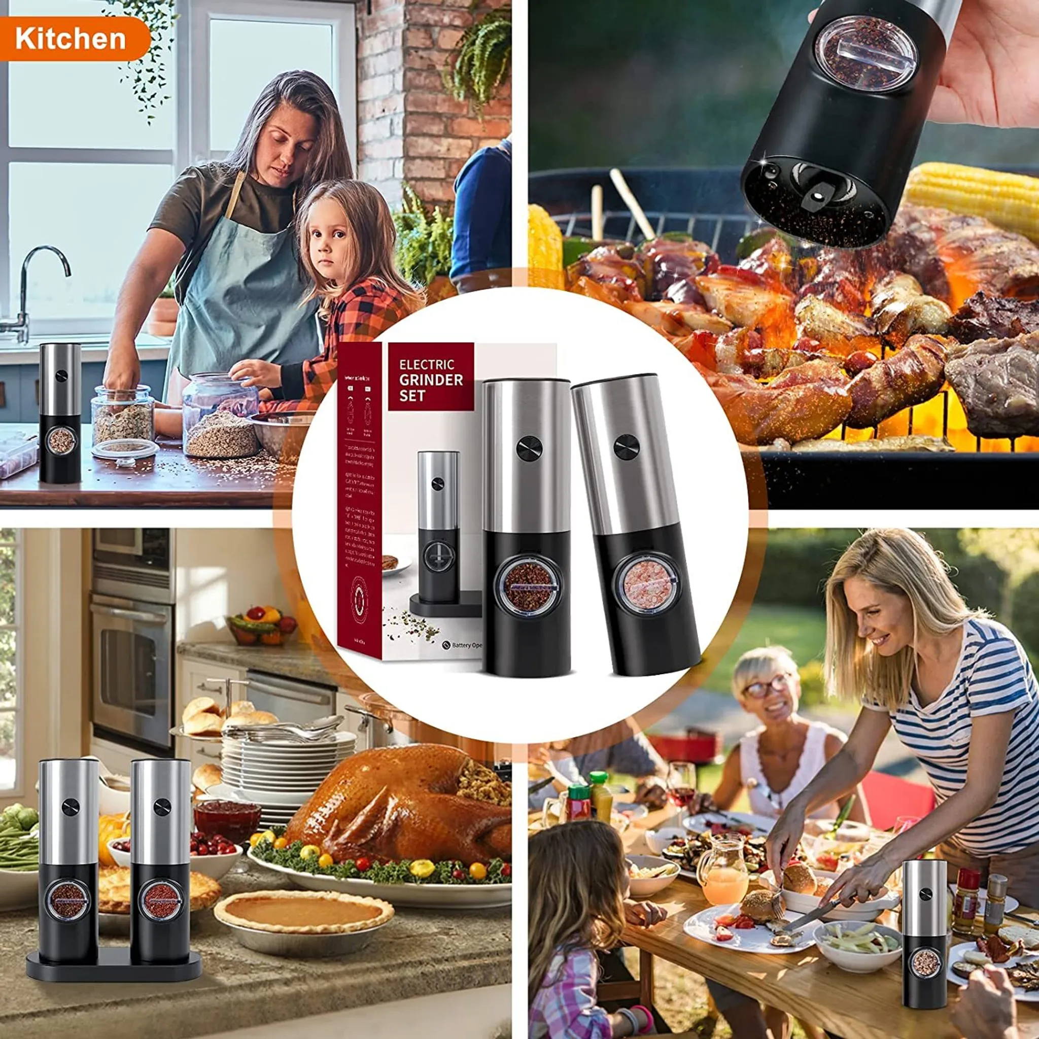 Elektrische Mühlen für Gewürze und Salz auf einem Tisch mit Essen.