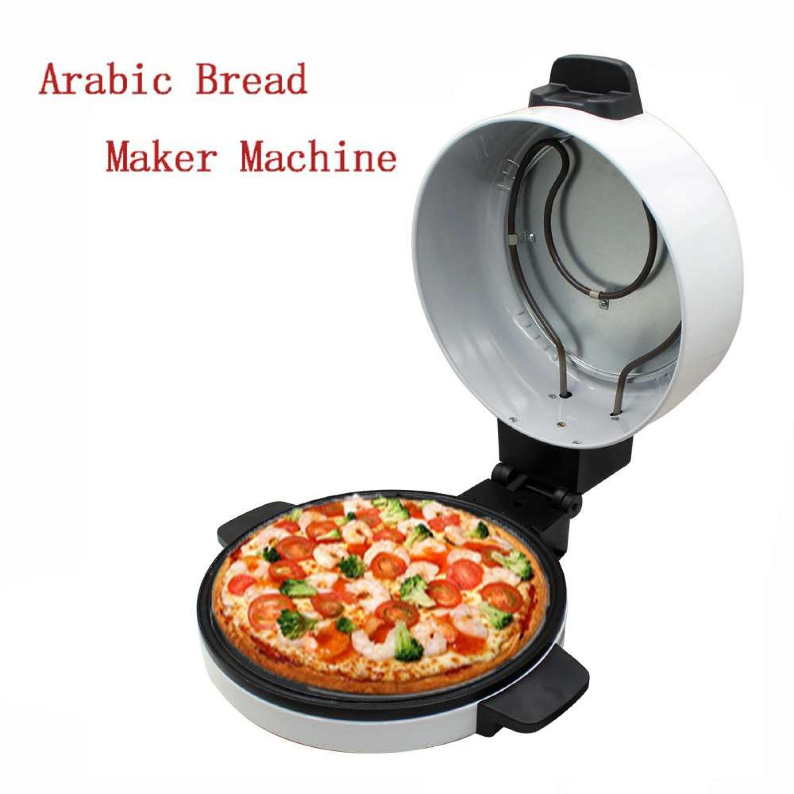 Ein offener Pizzamaker mit einer Pizza mit Garnelen, Brokkoli und Tomaten.