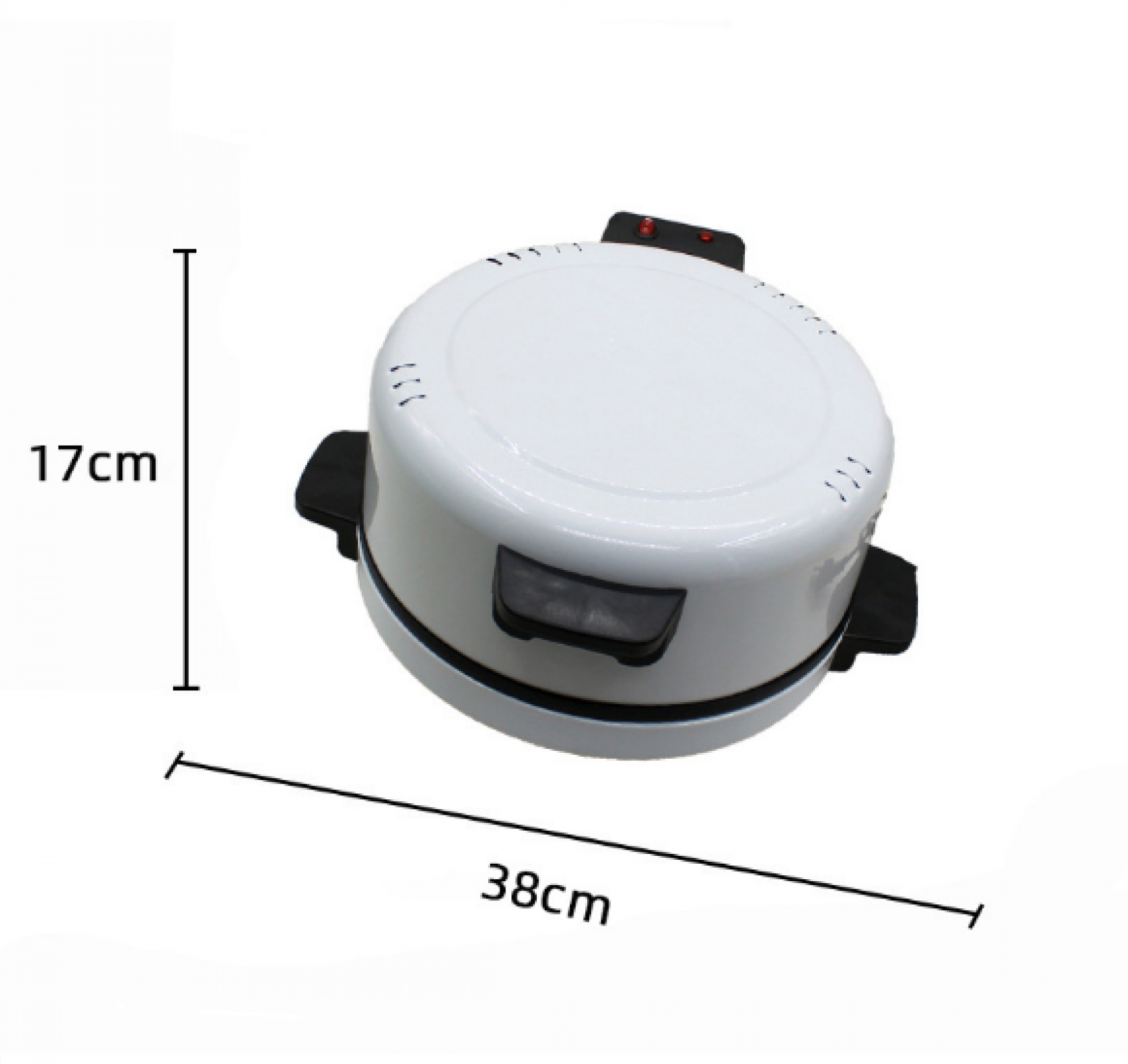 Weiße runde Backform mit schwarzen Griffen und Maßen 17cm hoch, 38cm breit.