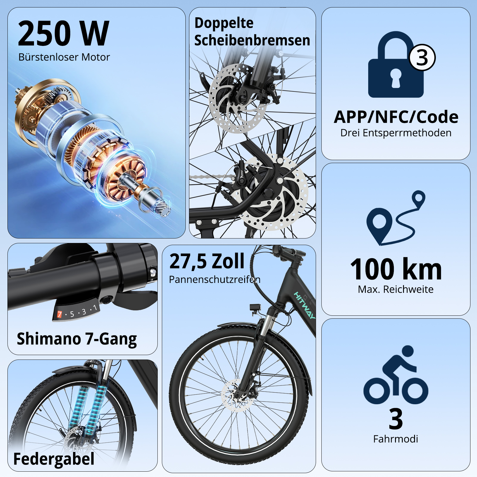 E-Bike-Details: 250W Motor, Doppelscheibenbremsen, 7-Gang Shimano, 27,5 Zoll Reifen, 100km Reichweite.