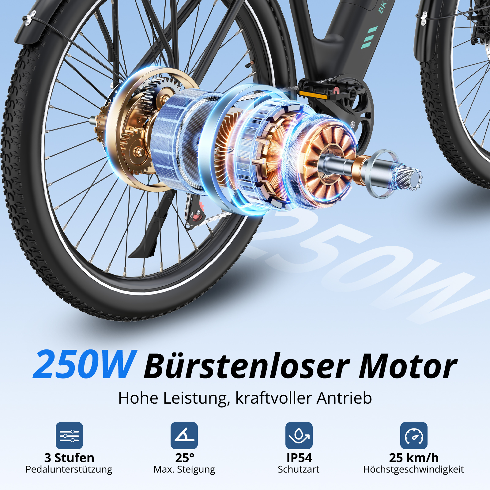 Detailansicht eines E-Bike-Motors mit Zahnrädern und kupferfarbenen Spulen.
