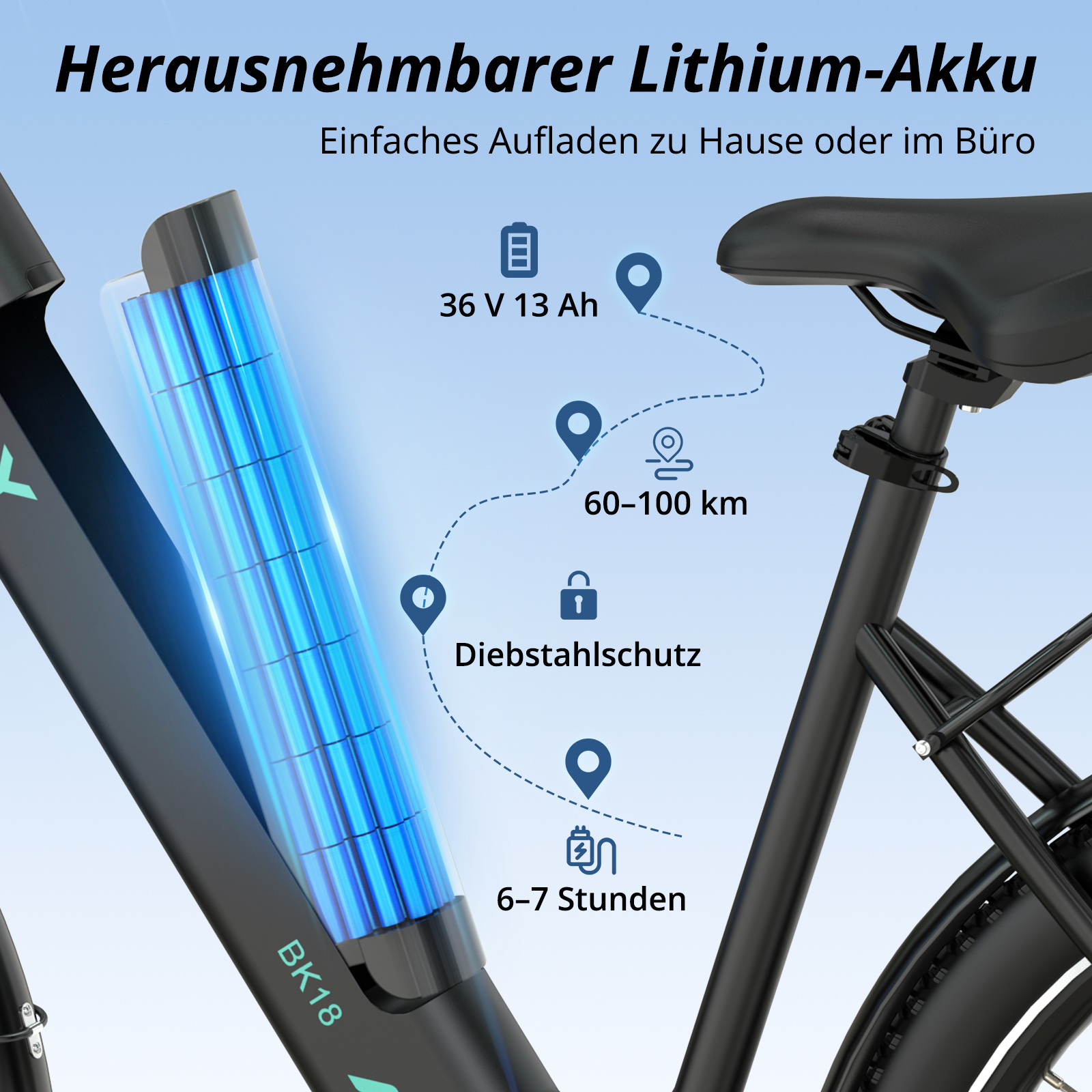 Herausnehmbarer E-Bike Akku mit 36V 13Ah, 60-100km Reichweite, Ladezeit 6-7 Std.