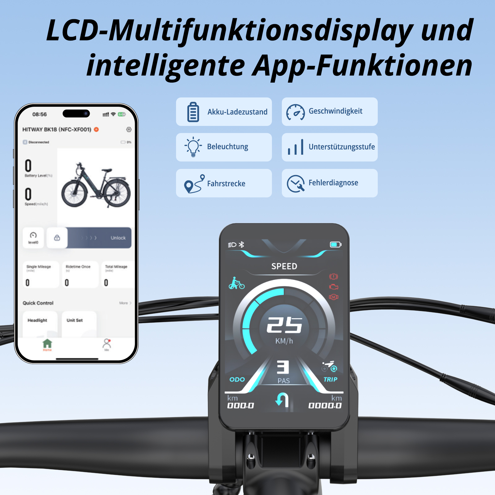 Fahrrad-App und Display mit Geschwindigkeit, Akku, Beleuchtung und mehr.