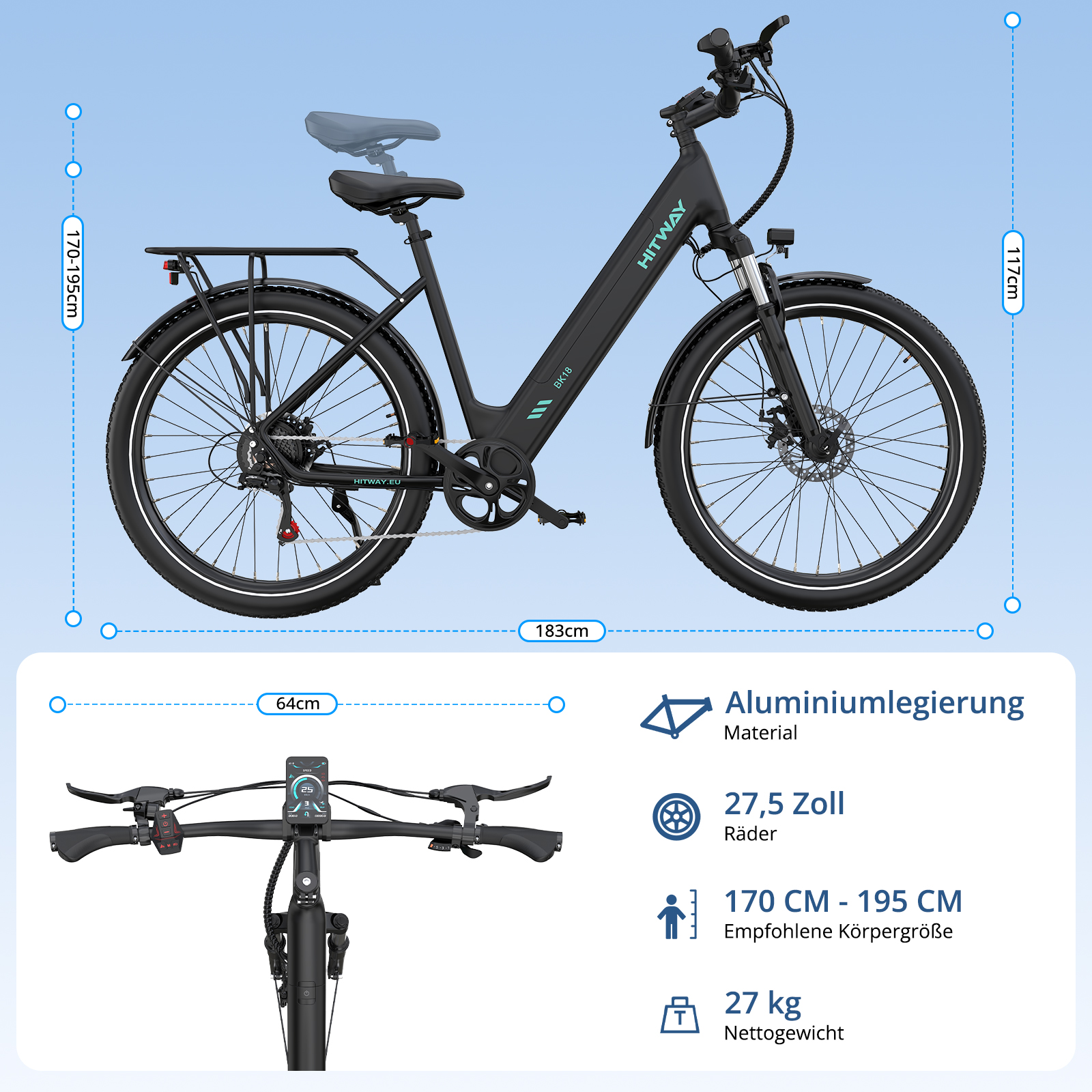 Schwarzes E-Bike mit Maßangaben: Länge 183cm, Höhe 117cm, Sitzhöhe 170-195cm, Lenkerbreite 64cm.