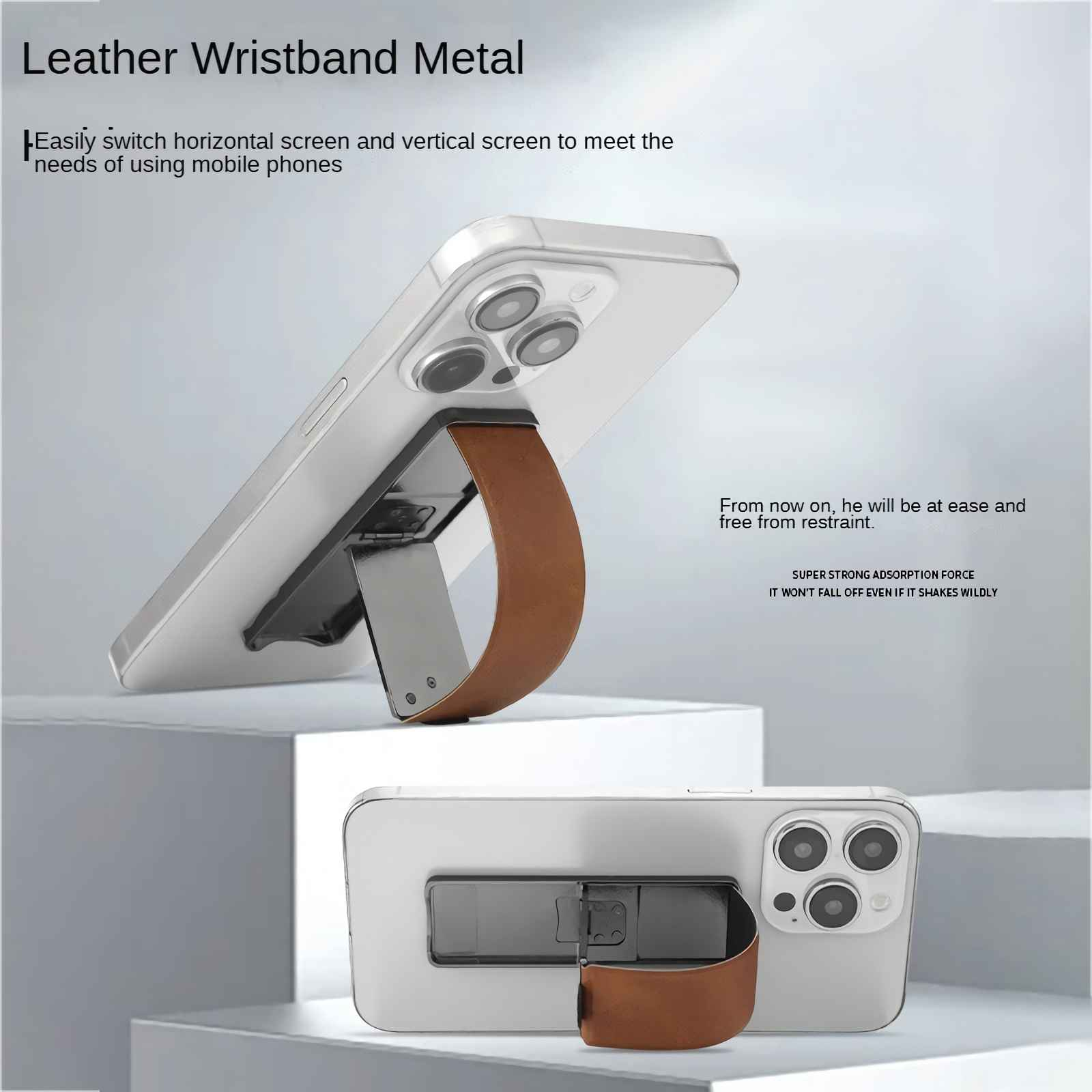 Ein silbernes Smartphone mit braunem Lederarmbandständer, im Hoch- und Querformat.