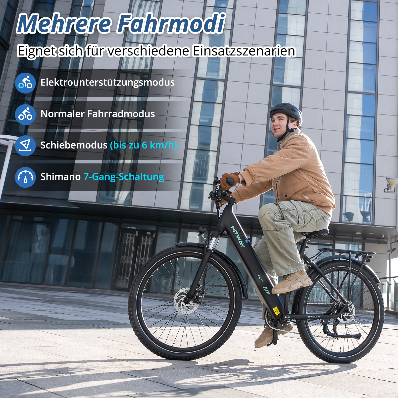 Mann fährt Fahrrad vor modernem Gebäude. Mehrere Fahrmodi auf Deutsch.