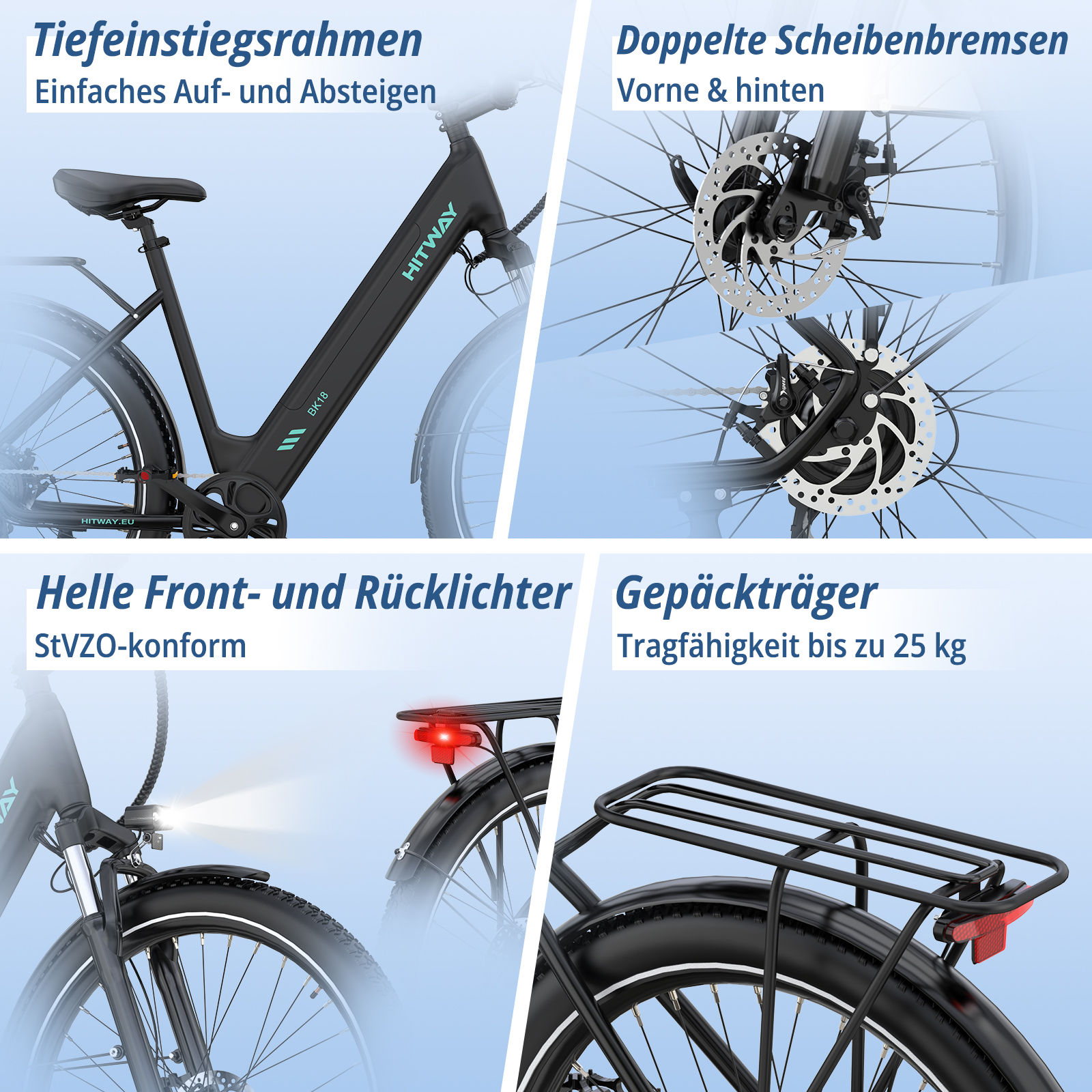 Fahrrad mit tiefem Einstieg, Scheibenbremsen, Lichtern und Gepäckträger.