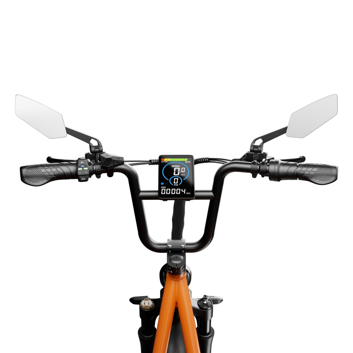 Kierownica pomarańczowego roweru elektrycznego z wyświetlaczem, lusterkami i uchwytami.