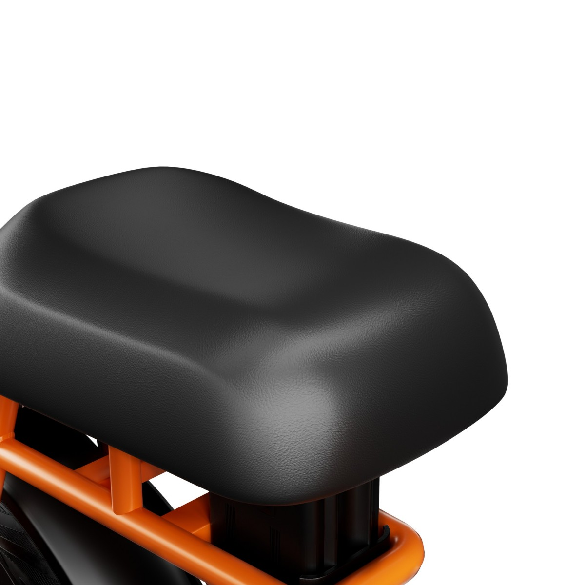 Czarna siedzenie na pomarańczowej ramie, na białym tle.