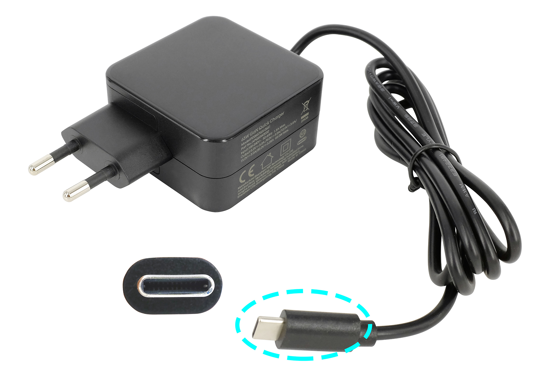 Schwarzes 65W GaN Schnellladegerät mit USB-C-Kabel und Stecker.