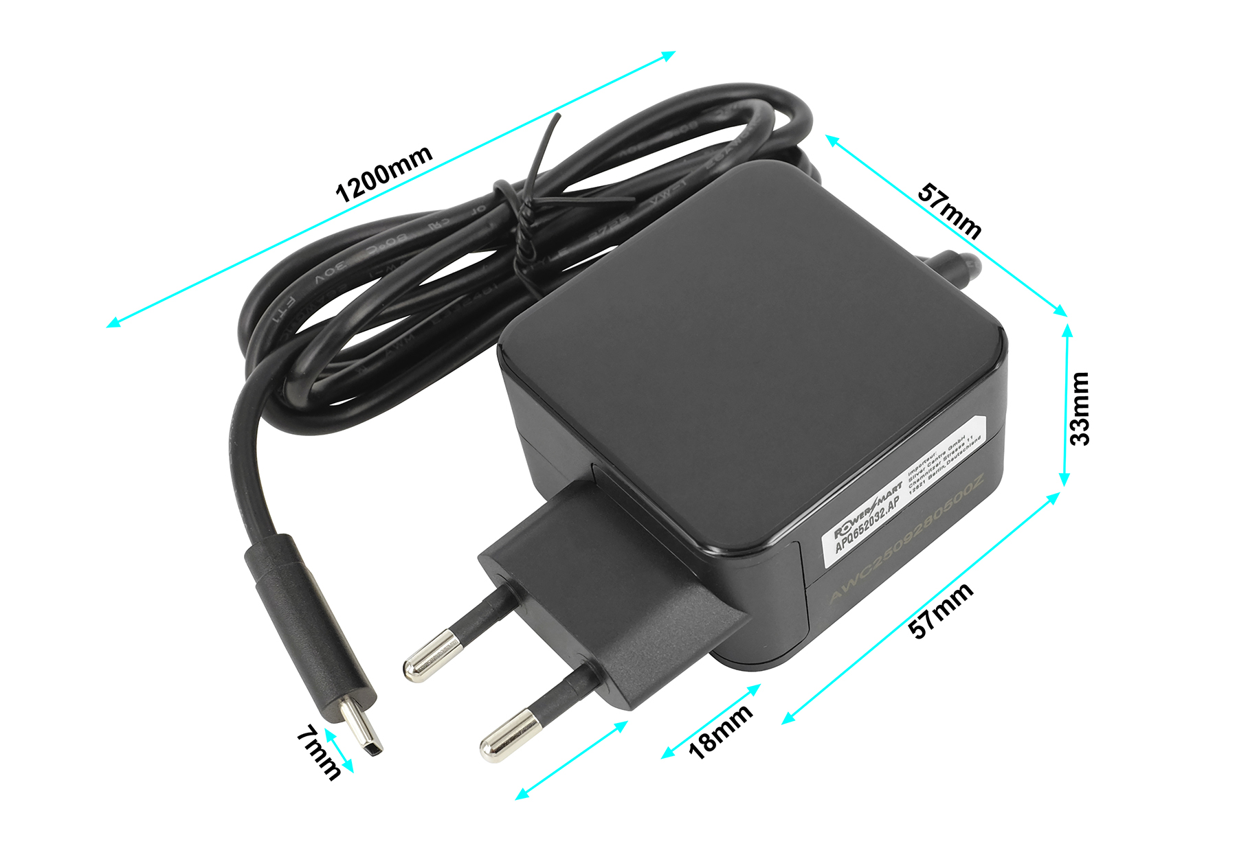 Schwarzer Netzsteckeradapter mit Kabel und Maßen.