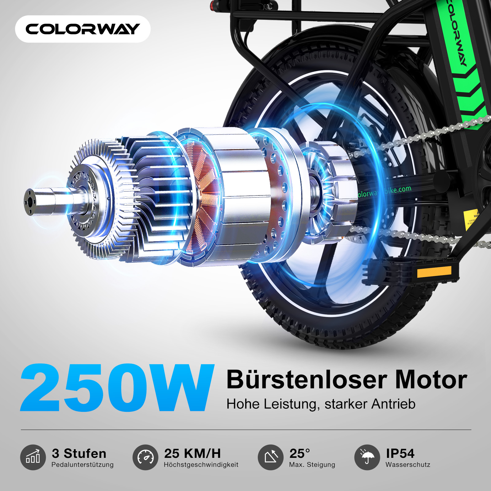 Detailansicht eines Fahrradmotors mit 250W Leistung und blauen Lichteffekten.