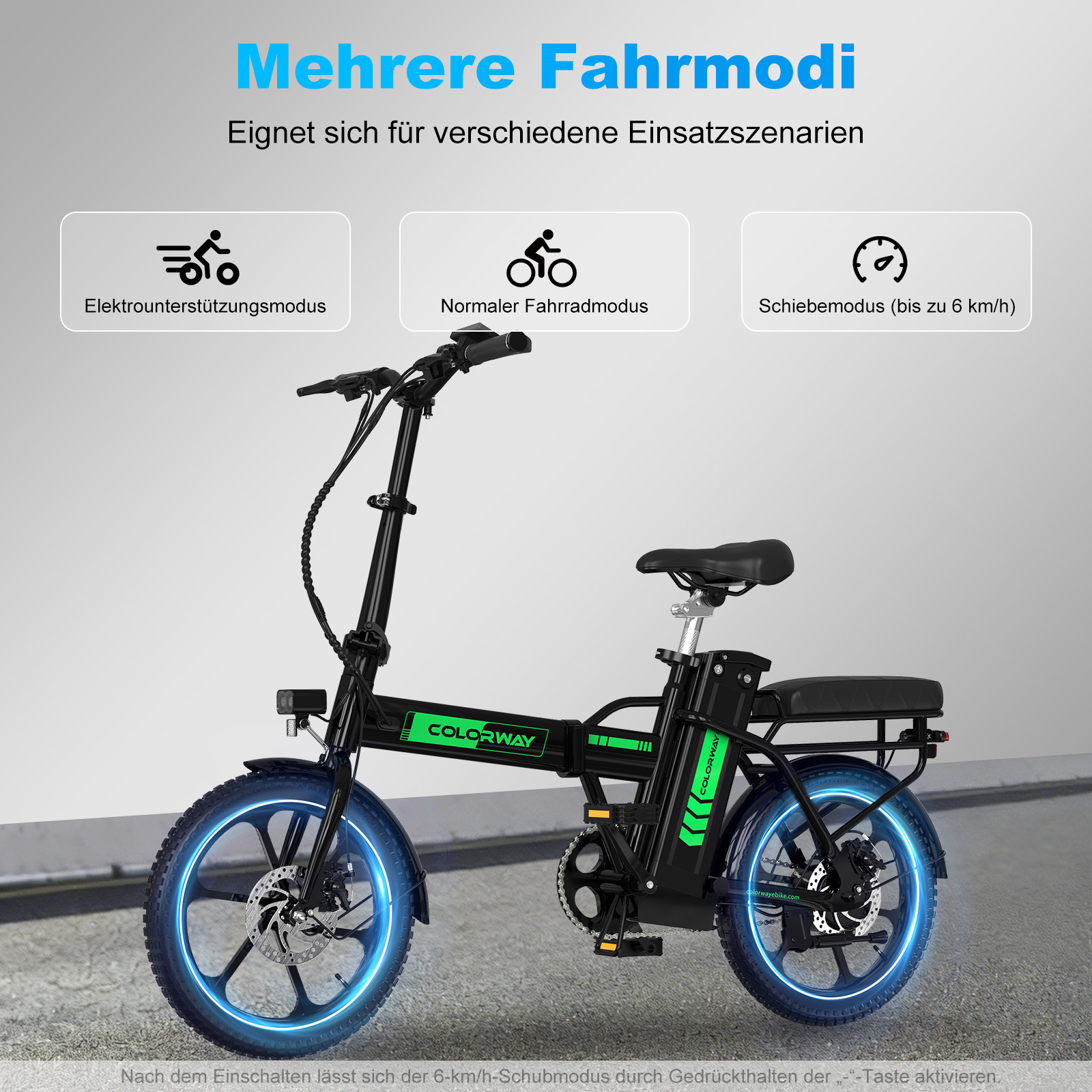 Schwarzes faltbares E-Bike mit drei Fahrmodi: Unterstützung, normal und Schiebe.