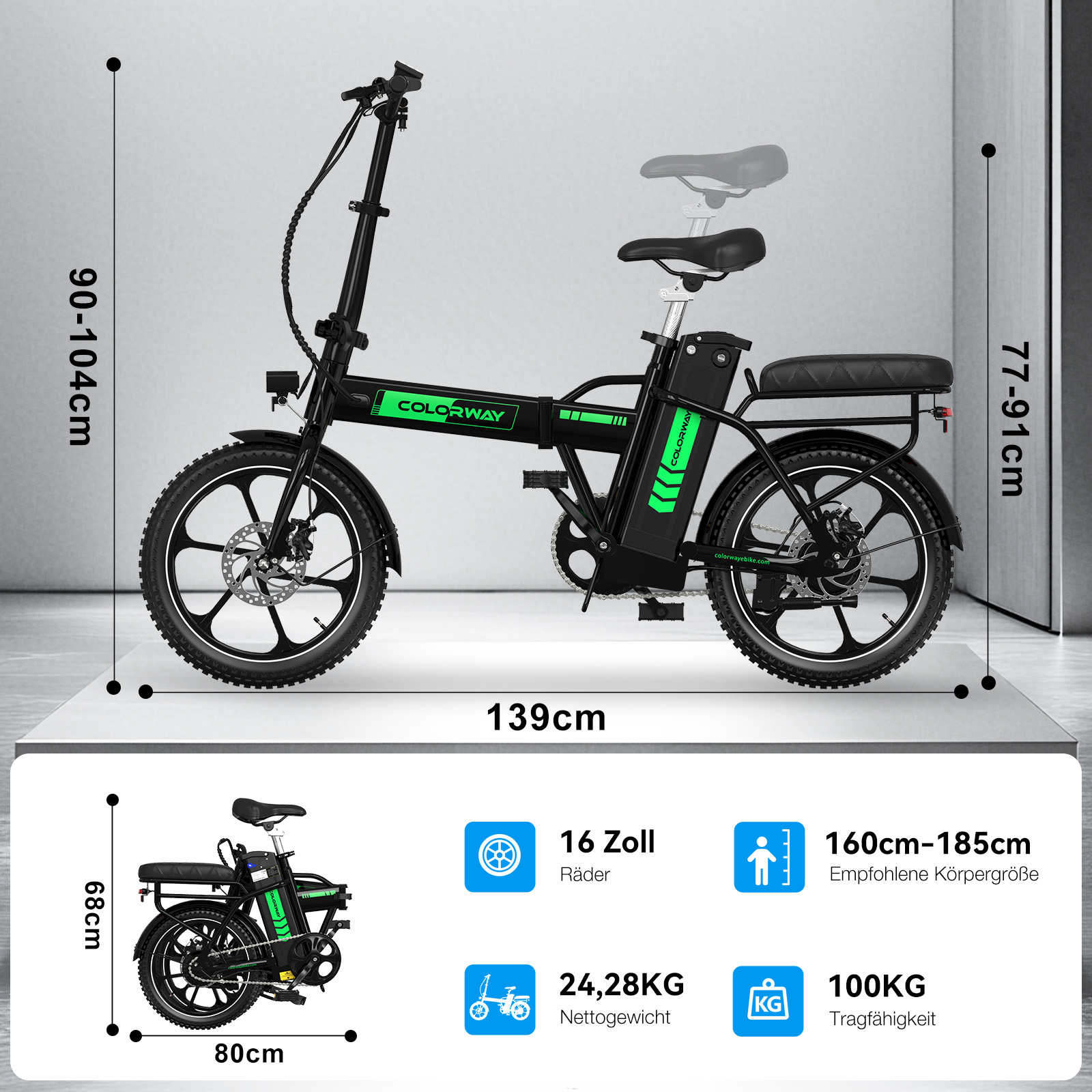 Schwarzes faltbares E-Bike mit grünen Akzenten, Maße und Spezifikationen.