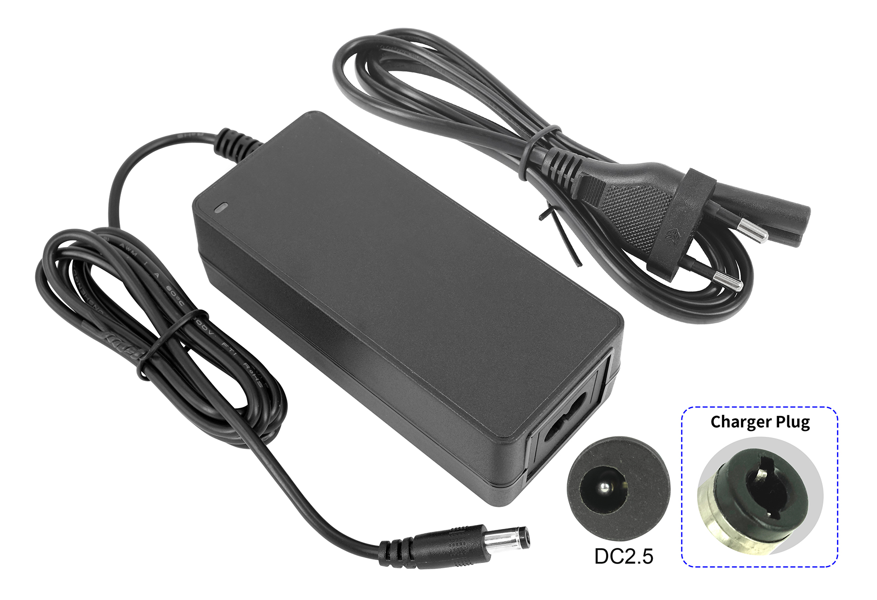 Schwarzes Netzteil mit Kabeln und Stecker, DC2.5 Anschluss.