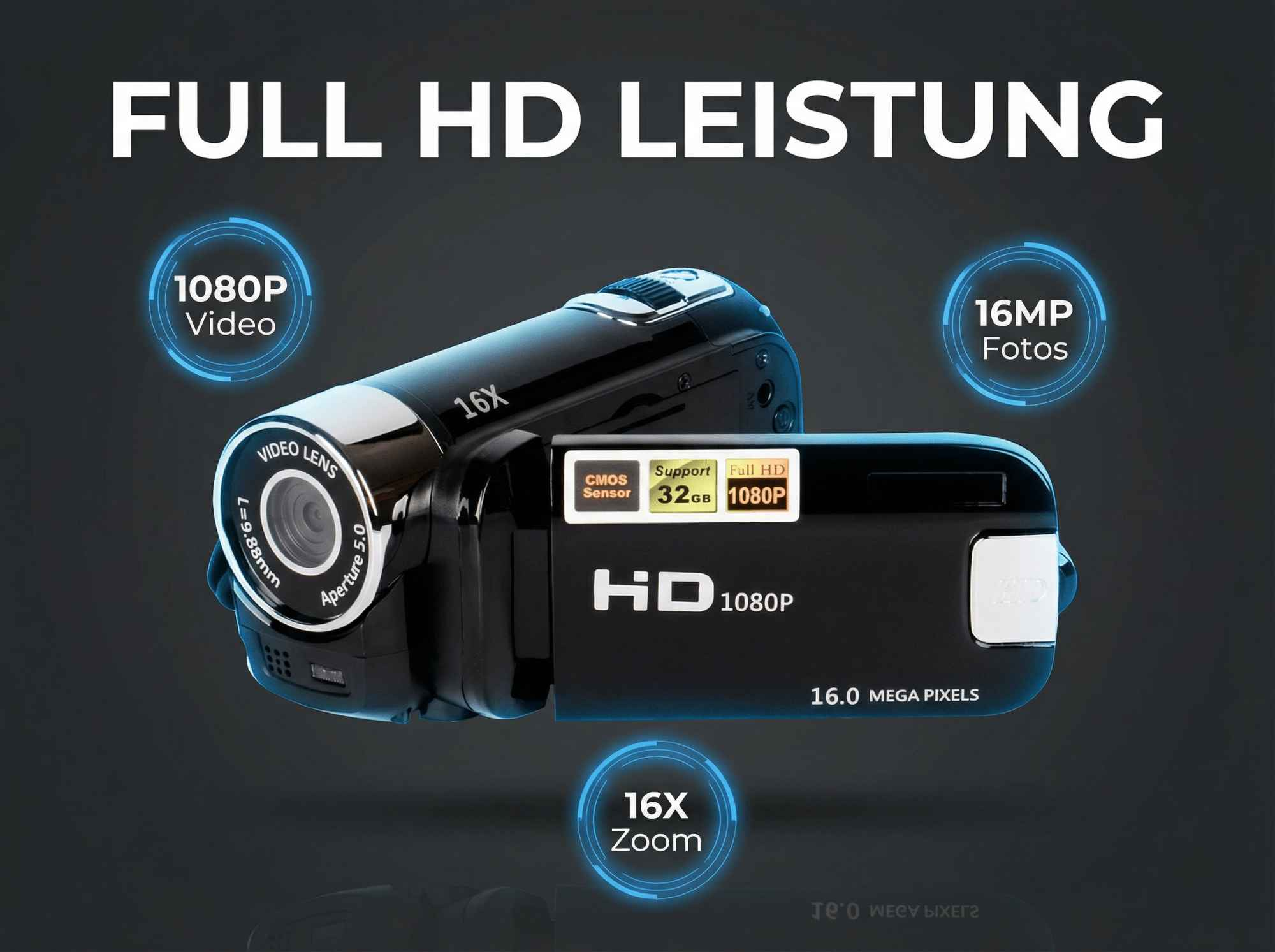 Ein schwarzer Camcorder mit Zoom- und Videoanzeigen. 16 MP.