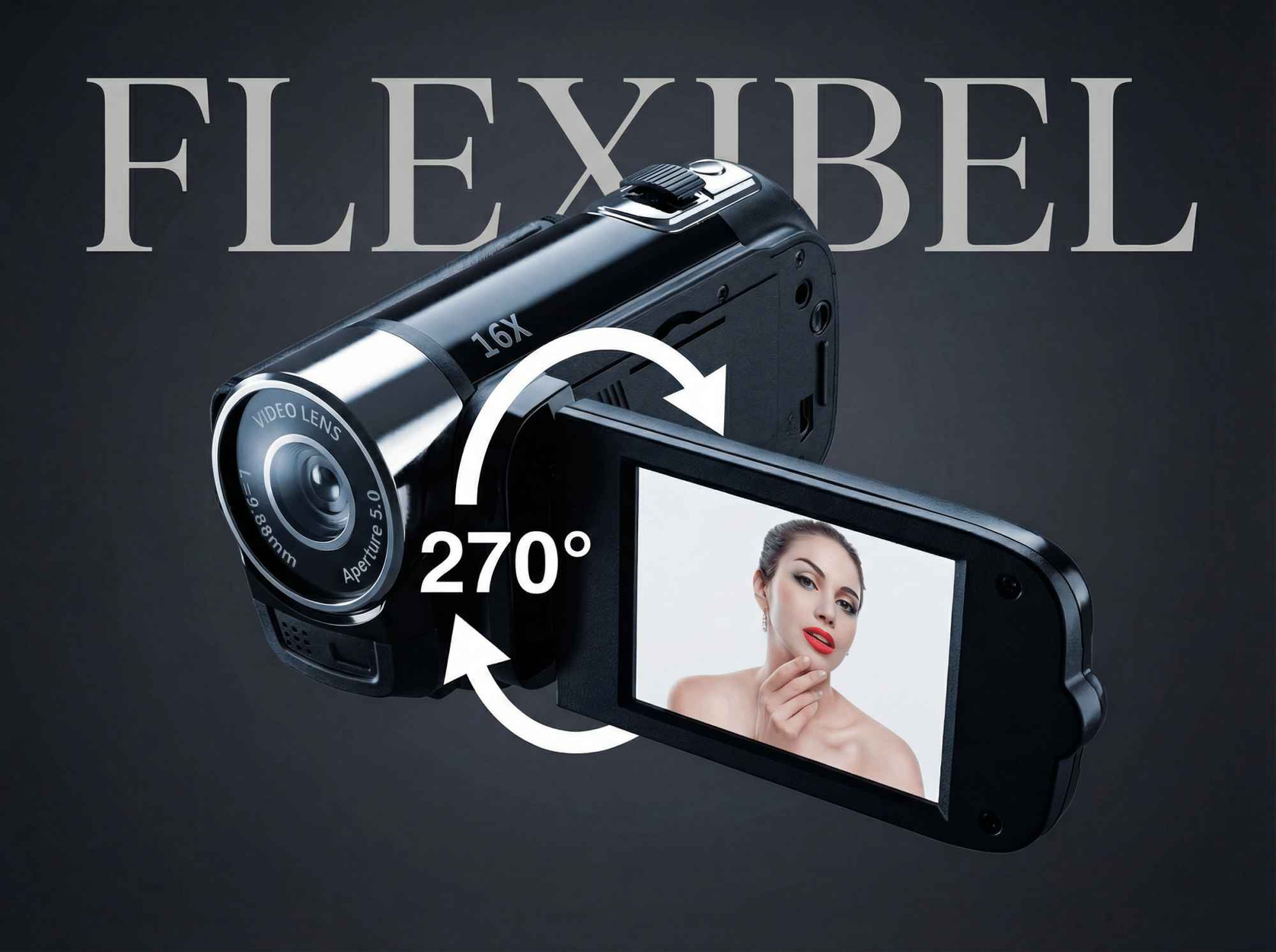 Ein schwarzer Camcorder mit "16x" Zoom und drehbarem Bildschirm, der eine Frau zeigt.