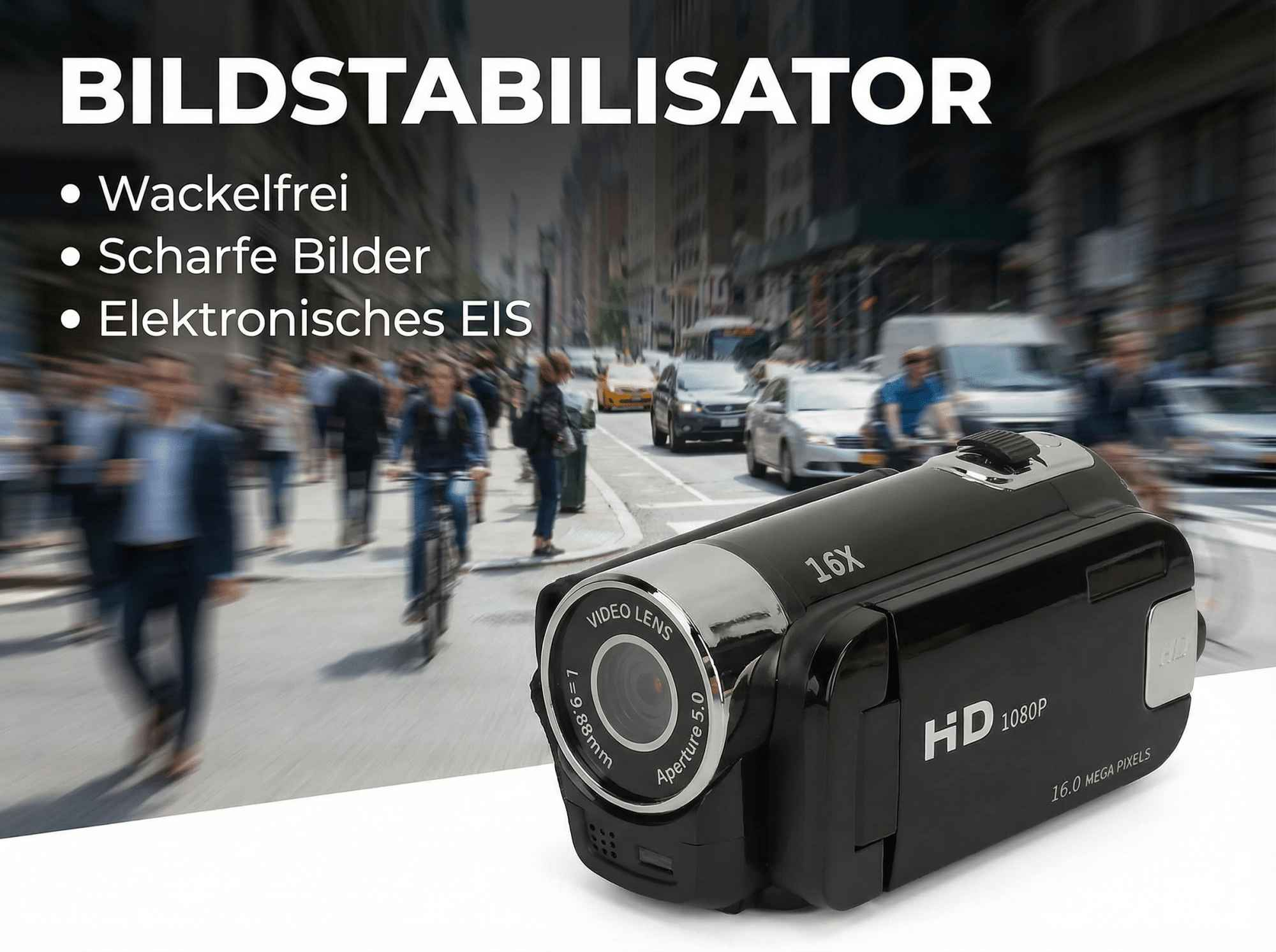 Schwarzer Camcorder mit 16x Zoom, HD 1080P, auf einer belebten Stadtstraße.