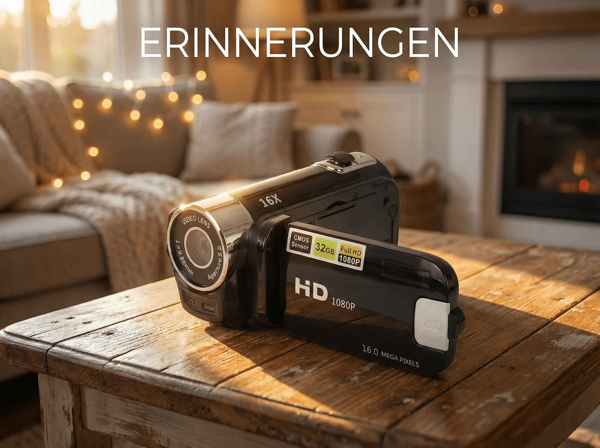 Ein Camcorder mit 16-fachem Zoom steht auf einem Holztisch.
